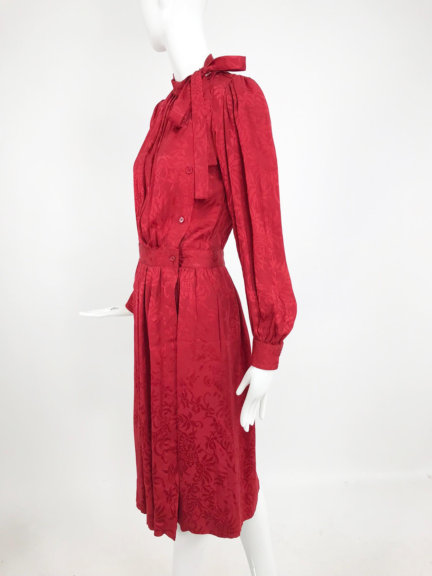 Yves Saint Laurent Red Silk Jacquard Bow Tie Dress 1970s 10