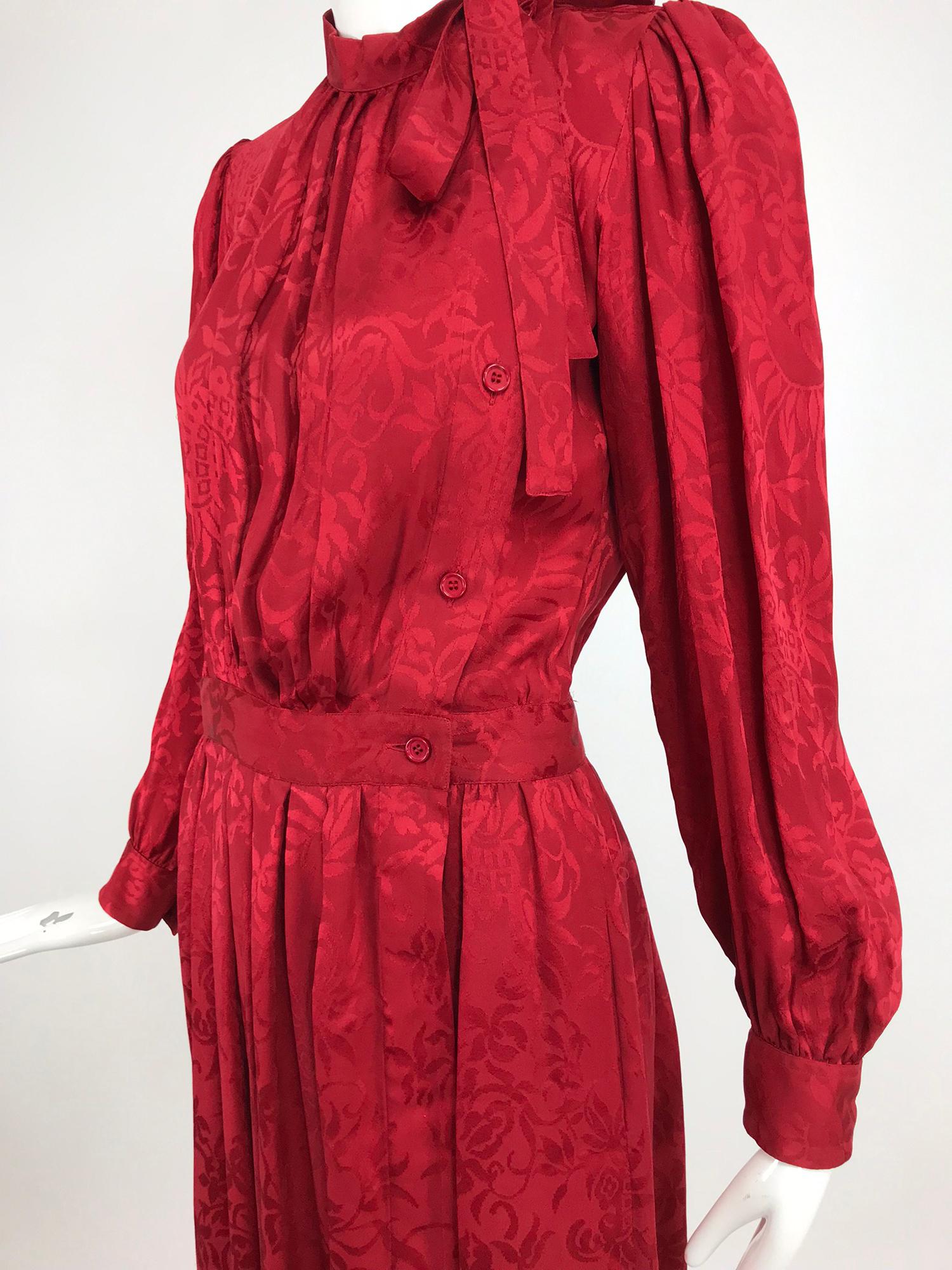 Yves Saint Laurent Red Silk Jacquard Bow Tie Dress 1970s 11