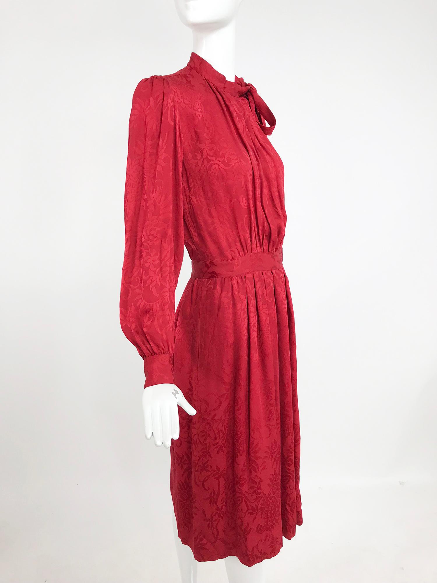 Yves Saint Laurent Red Silk Jacquard Bow Tie Dress 1970s In Good Condition In West Palm Beach, FL