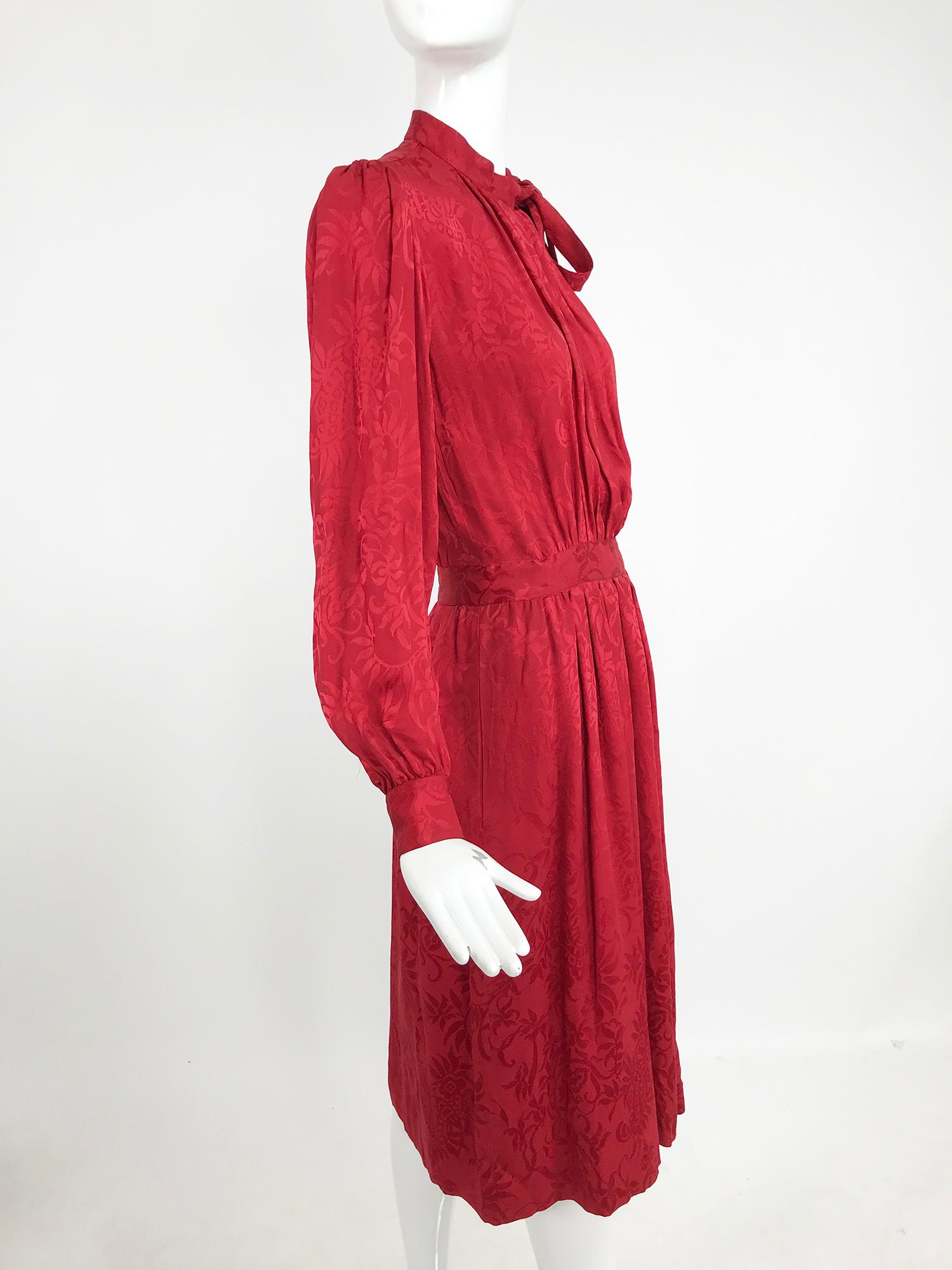Women's Yves Saint Laurent Red Silk Jacquard Bow Tie Dress 1970s