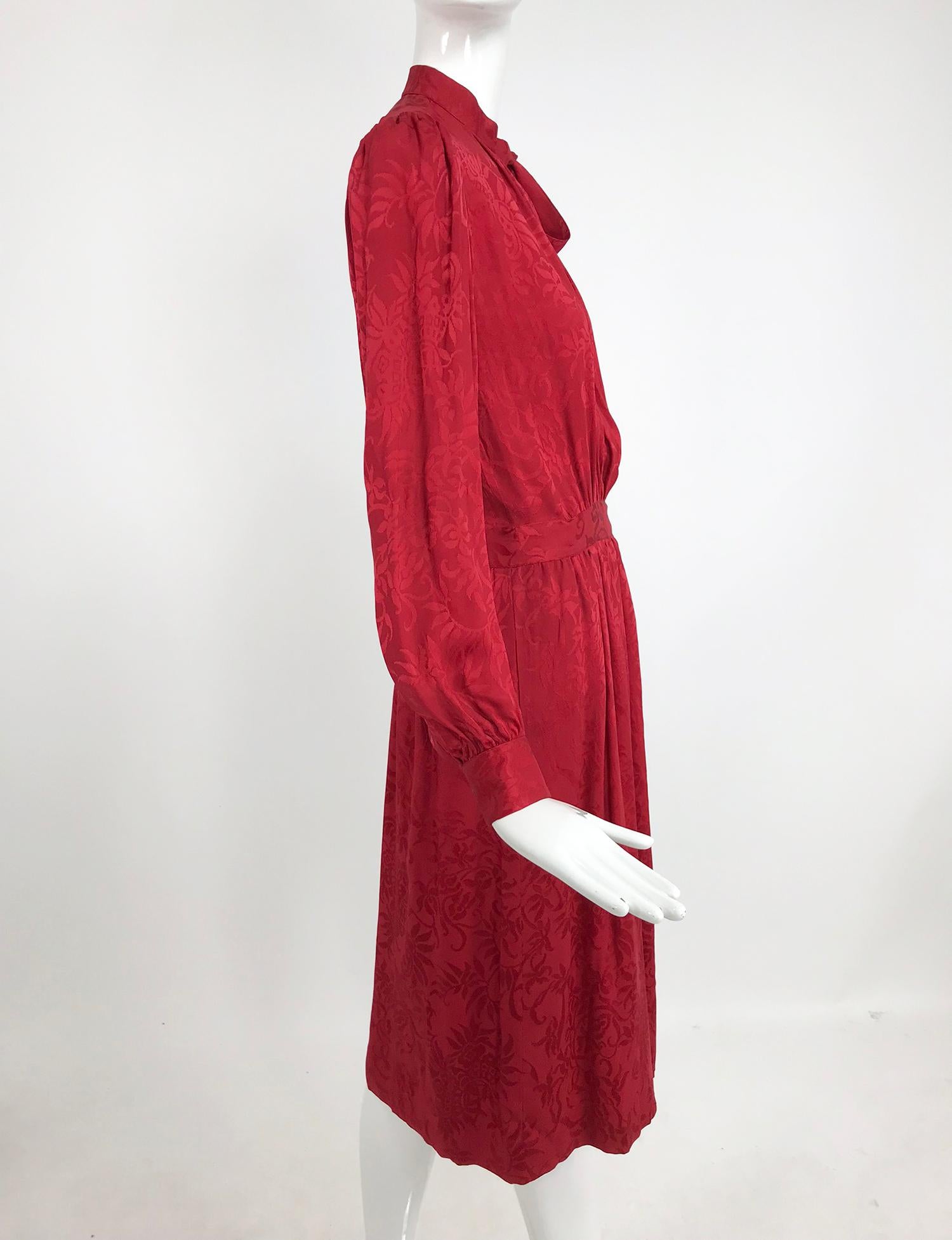 Yves Saint Laurent Red Silk Jacquard Bow Tie Dress 1970s 1