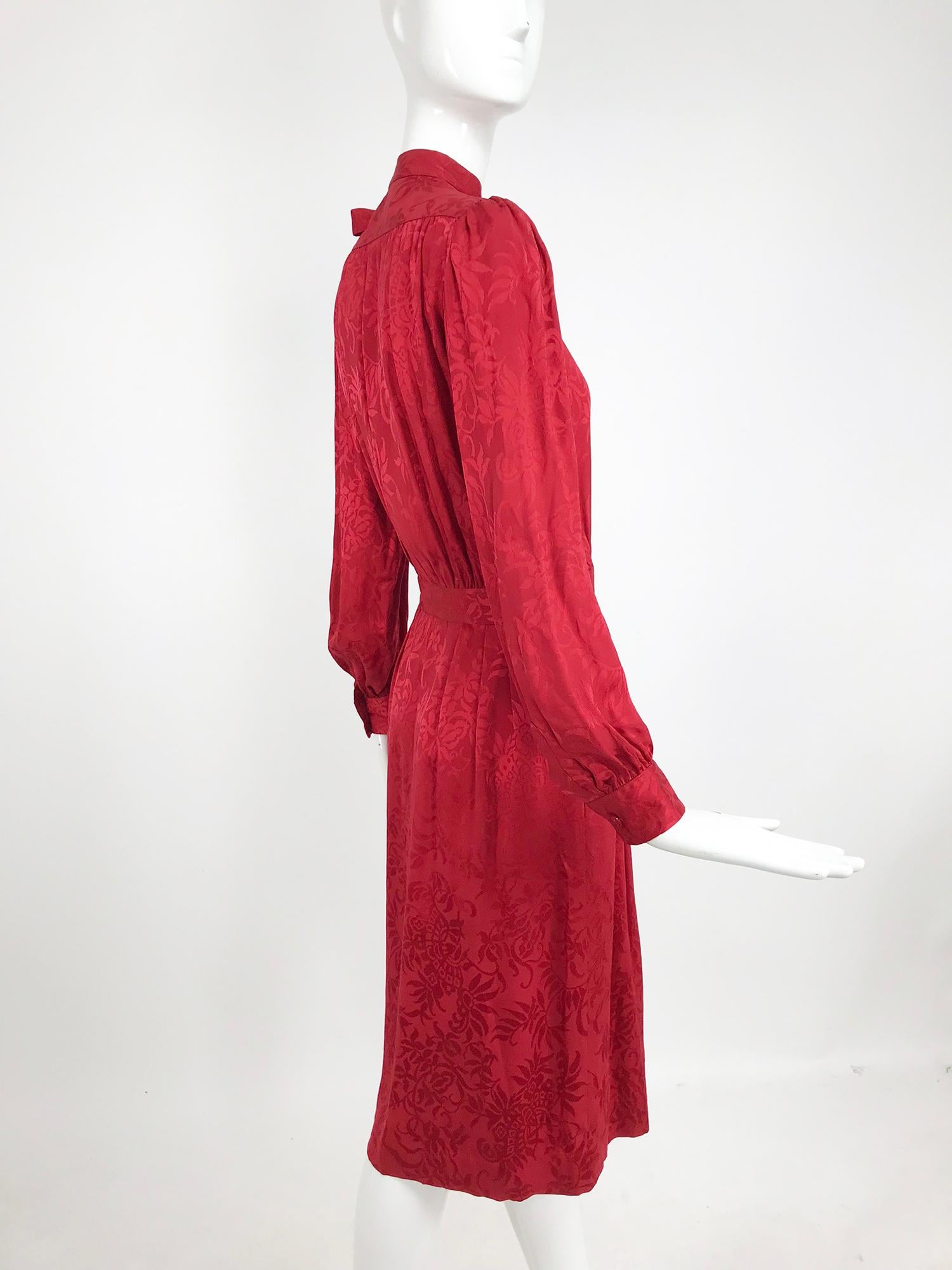Yves Saint Laurent Red Silk Jacquard Bow Tie Dress 1970s 2