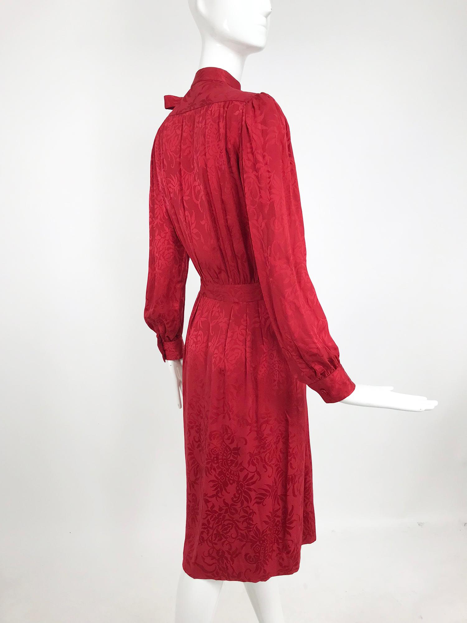 Yves Saint Laurent Red Silk Jacquard Bow Tie Dress 1970s 3
