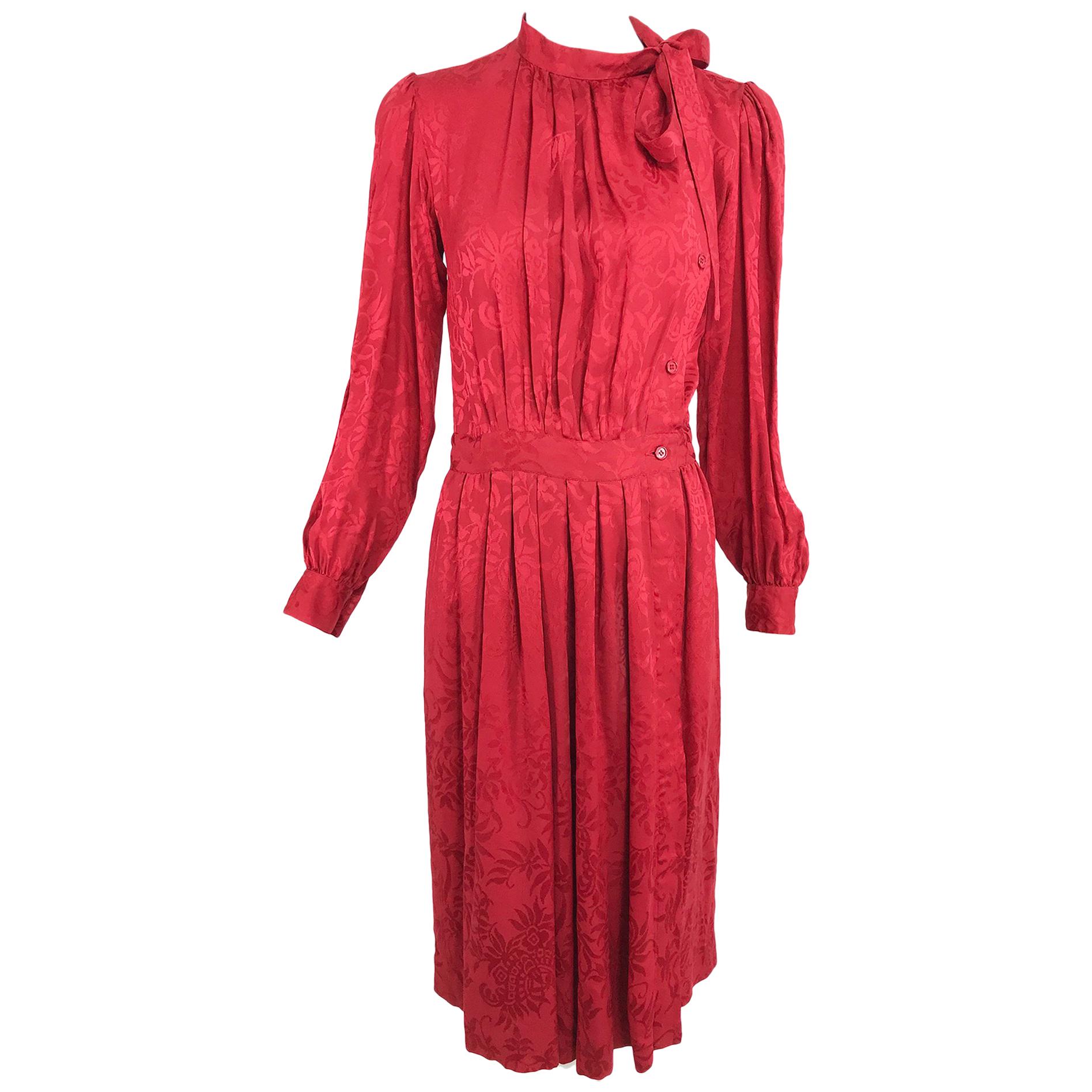 Yves Saint Laurent Red Silk Jacquard Bow Tie Dress 1970s