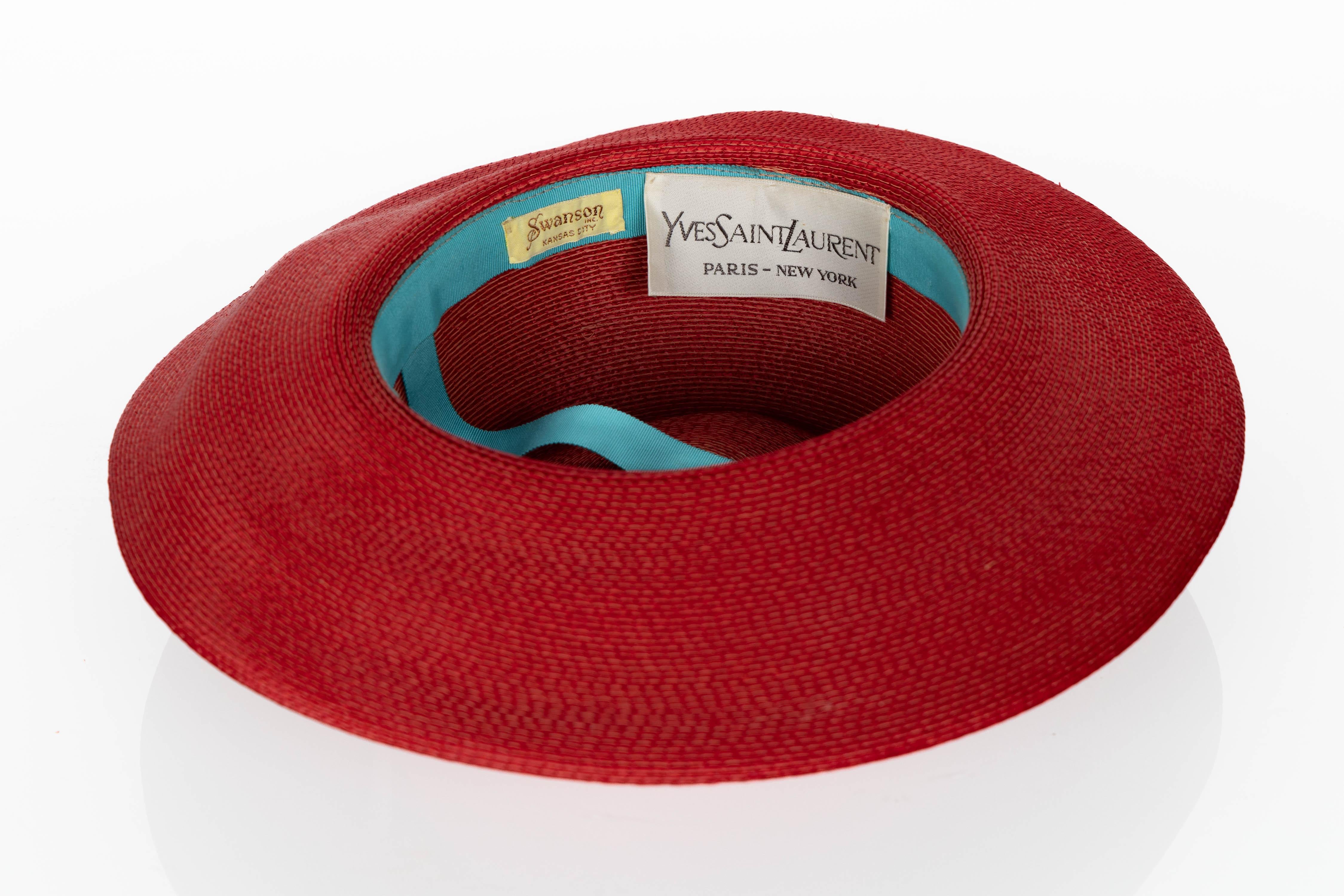 Women's Yves Saint Laurent Red Straw Back Patent Lucite trim Hat, 1970s For Sale
