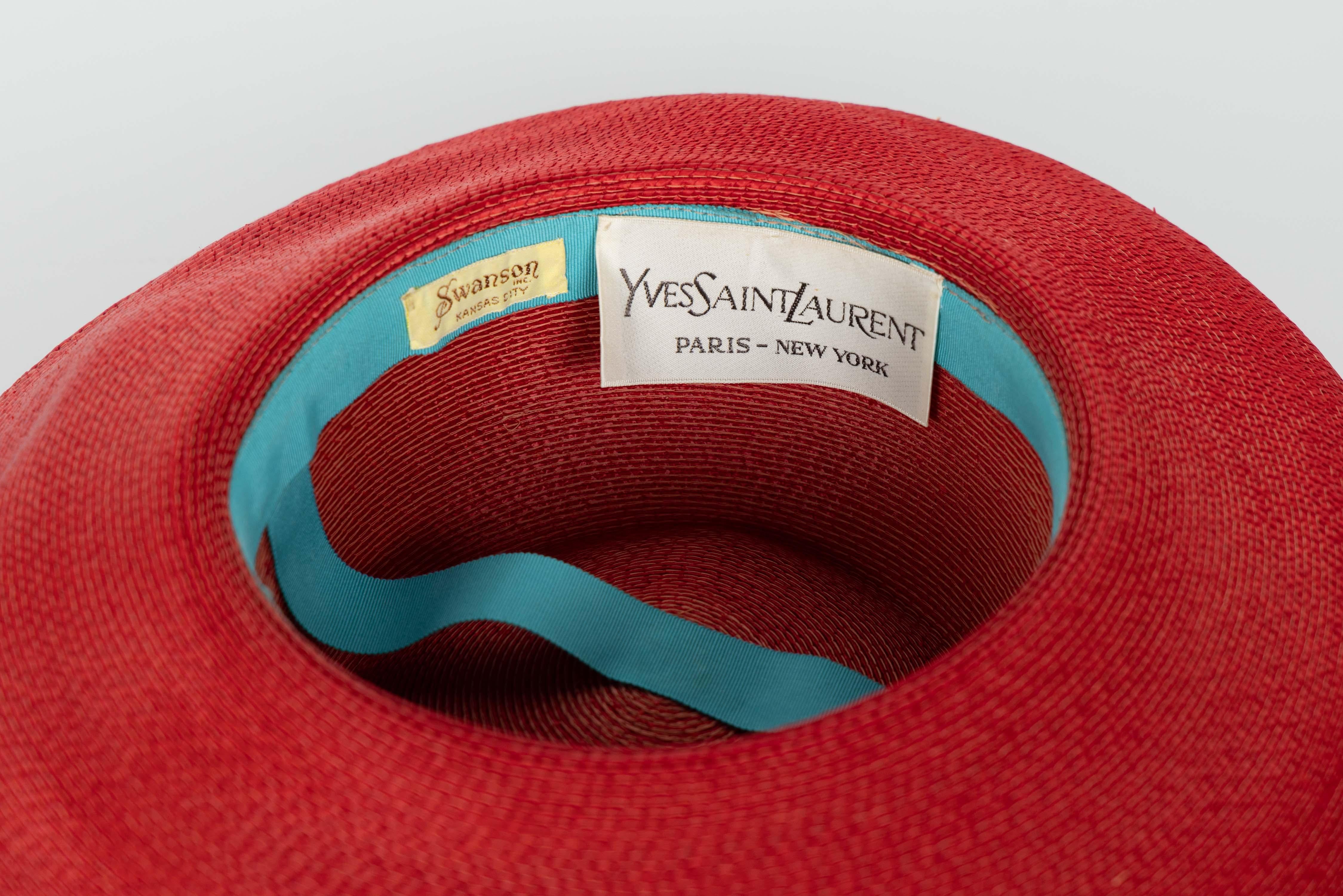 Yves Saint Laurent Red Straw Back Patent Lucite trim Hat, 1970s For Sale 1