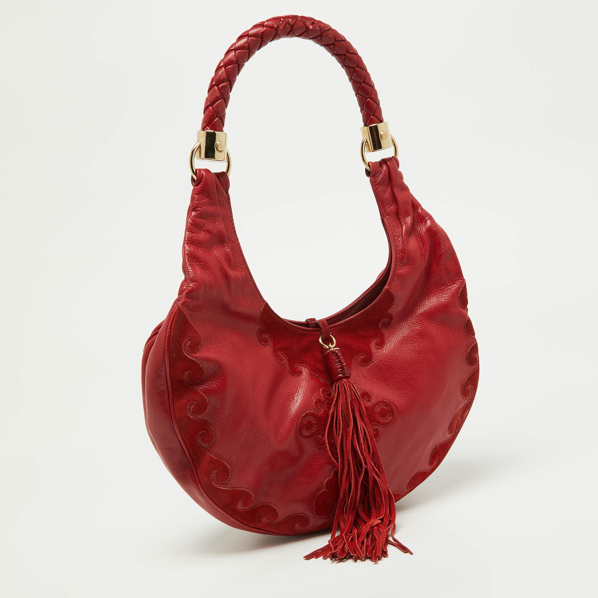 Women's Yves Saint Laurent Red Suede and Leather Trim Tassel Hobo