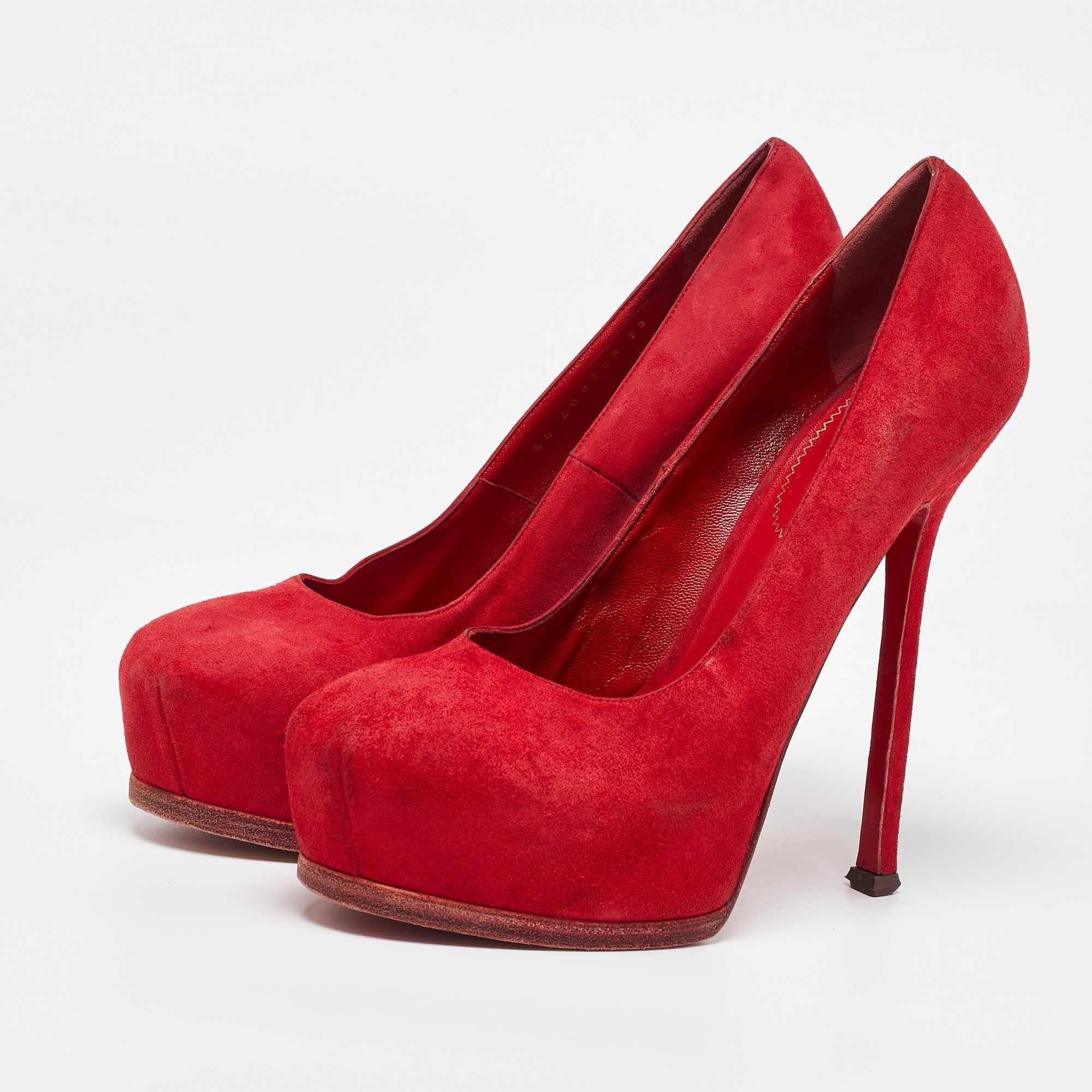 Make a chic style statement with these designer pumps. They showcase sturdy heels and durable soles perfect for your fashionable outings