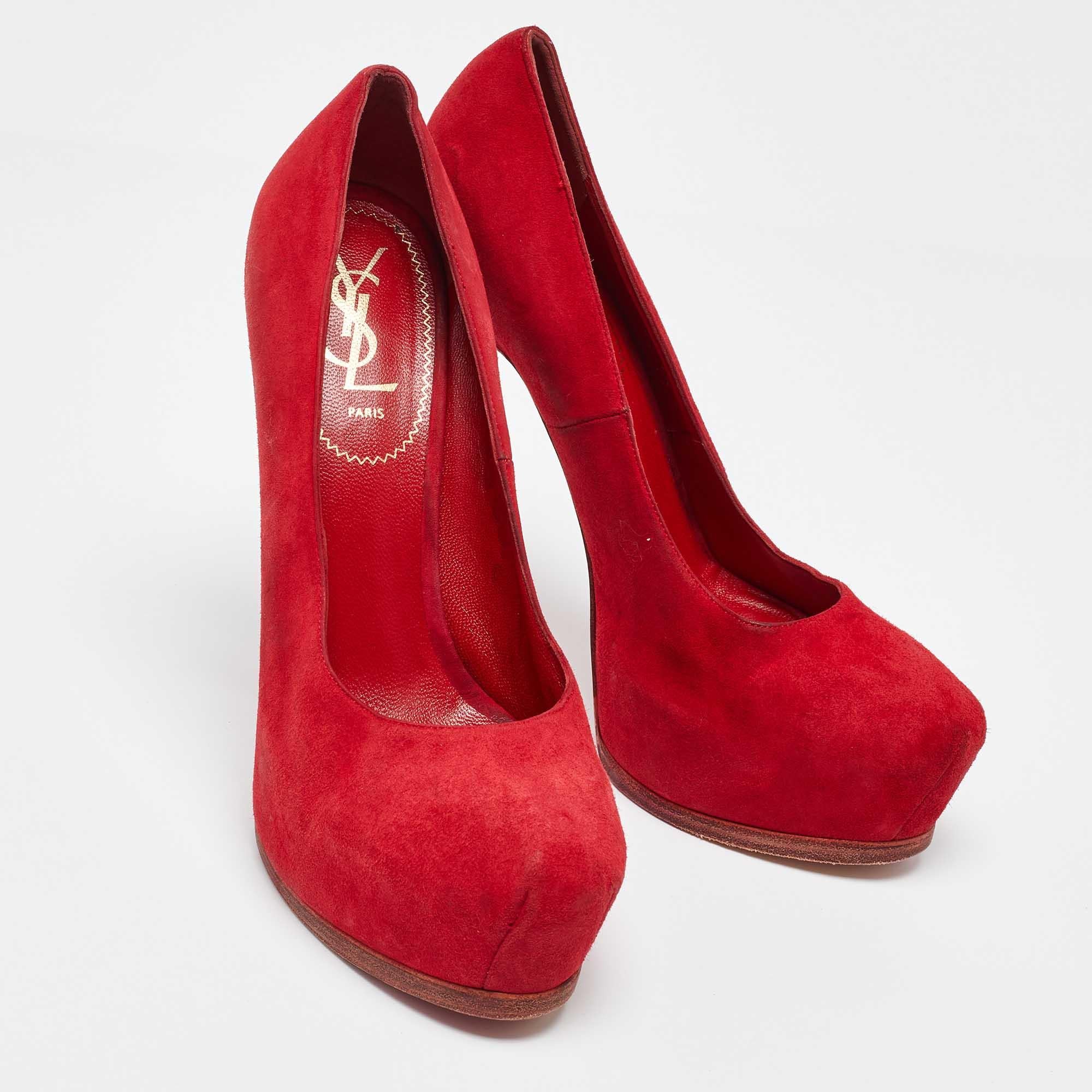 Women's Yves Saint Laurent Red Suede Tribtoo Pumps Size 39 For Sale