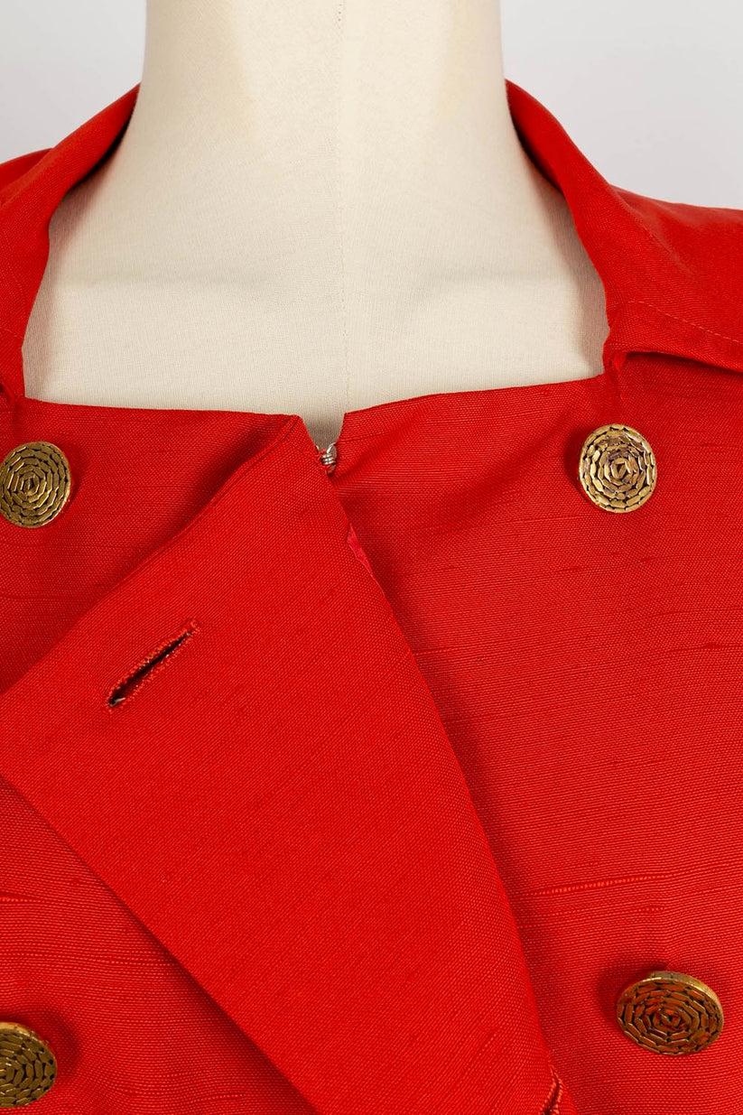 Yves Saint Laurent Red Wild Silk Dress with Gold Metal Buttons For Sale 1