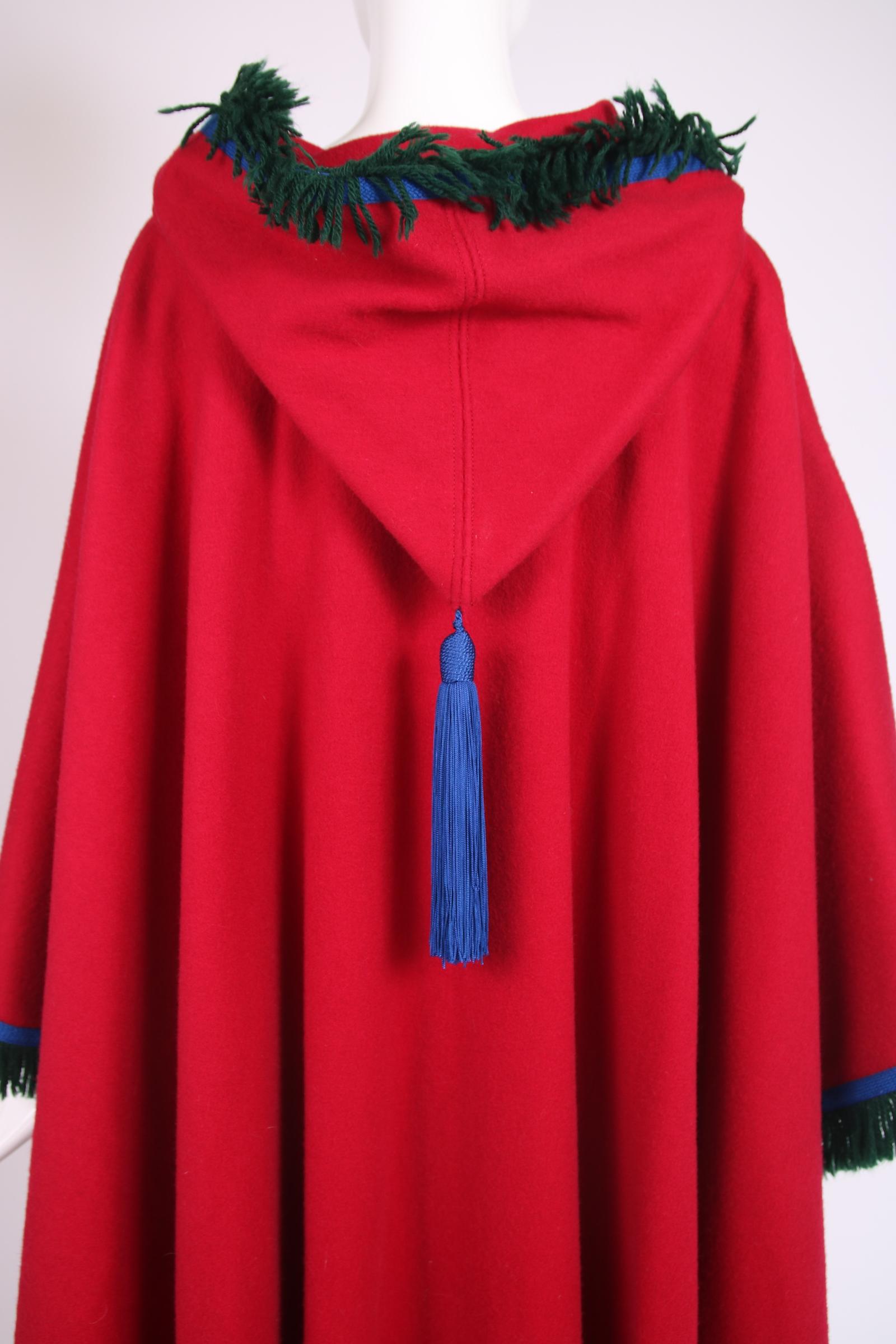 Yves Saint Laurent Red Wool Hooded Cape w/Blue Trim & Green Fringe 1970's In Excellent Condition For Sale In Studio City, CA