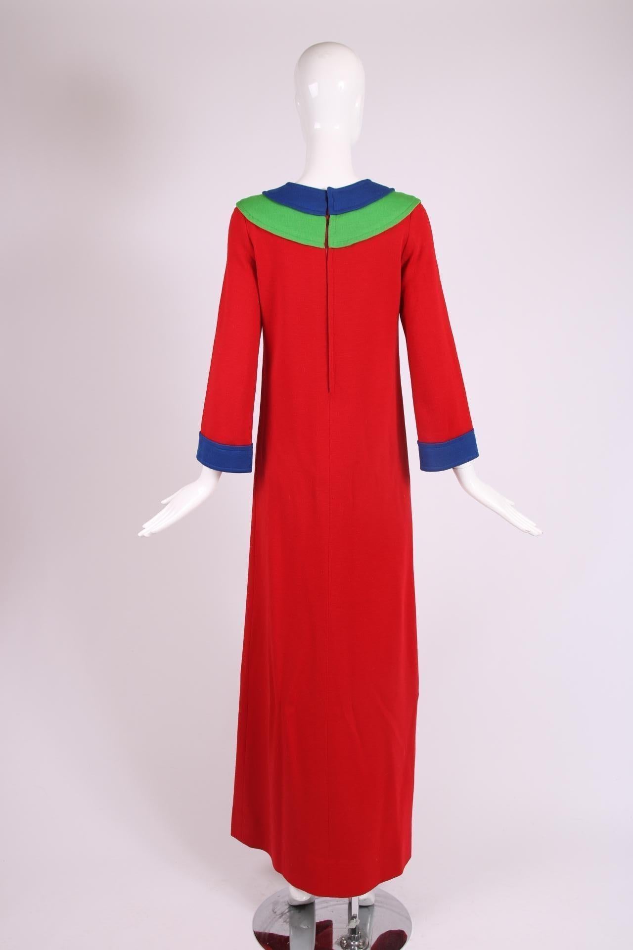 Yves Saint Laurent Red Wool Maxi Dress w/Blue & Green Colorblock Trim In Good Condition For Sale In Studio City, CA
