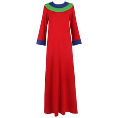 Vintage Yves Saint Laurent Red Wool Maxi Dress w/Blue & Green Colorblock Trim