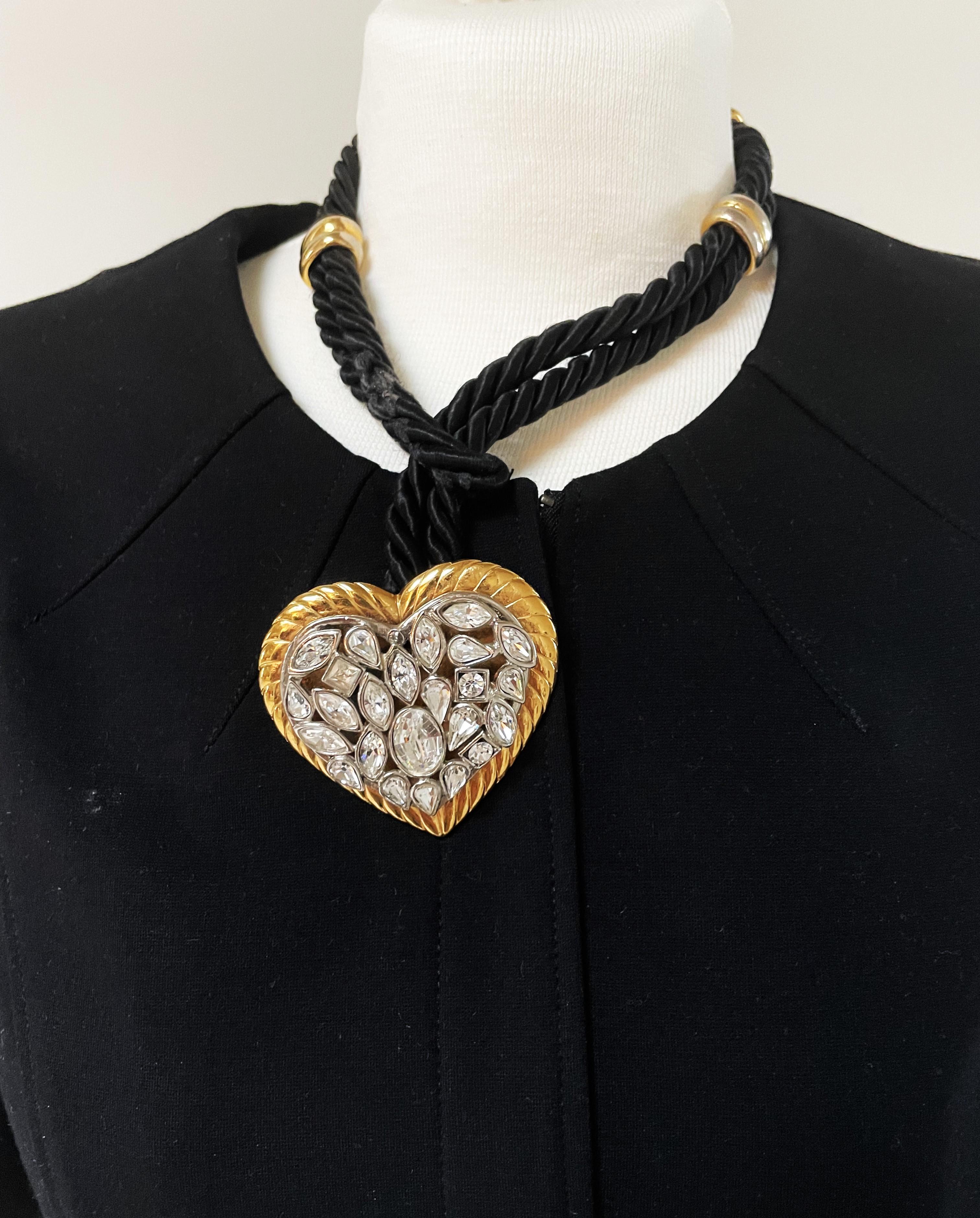Yves Saint Laurent rhinestone Heart hanging from a double black cord, 1980s For Sale 6