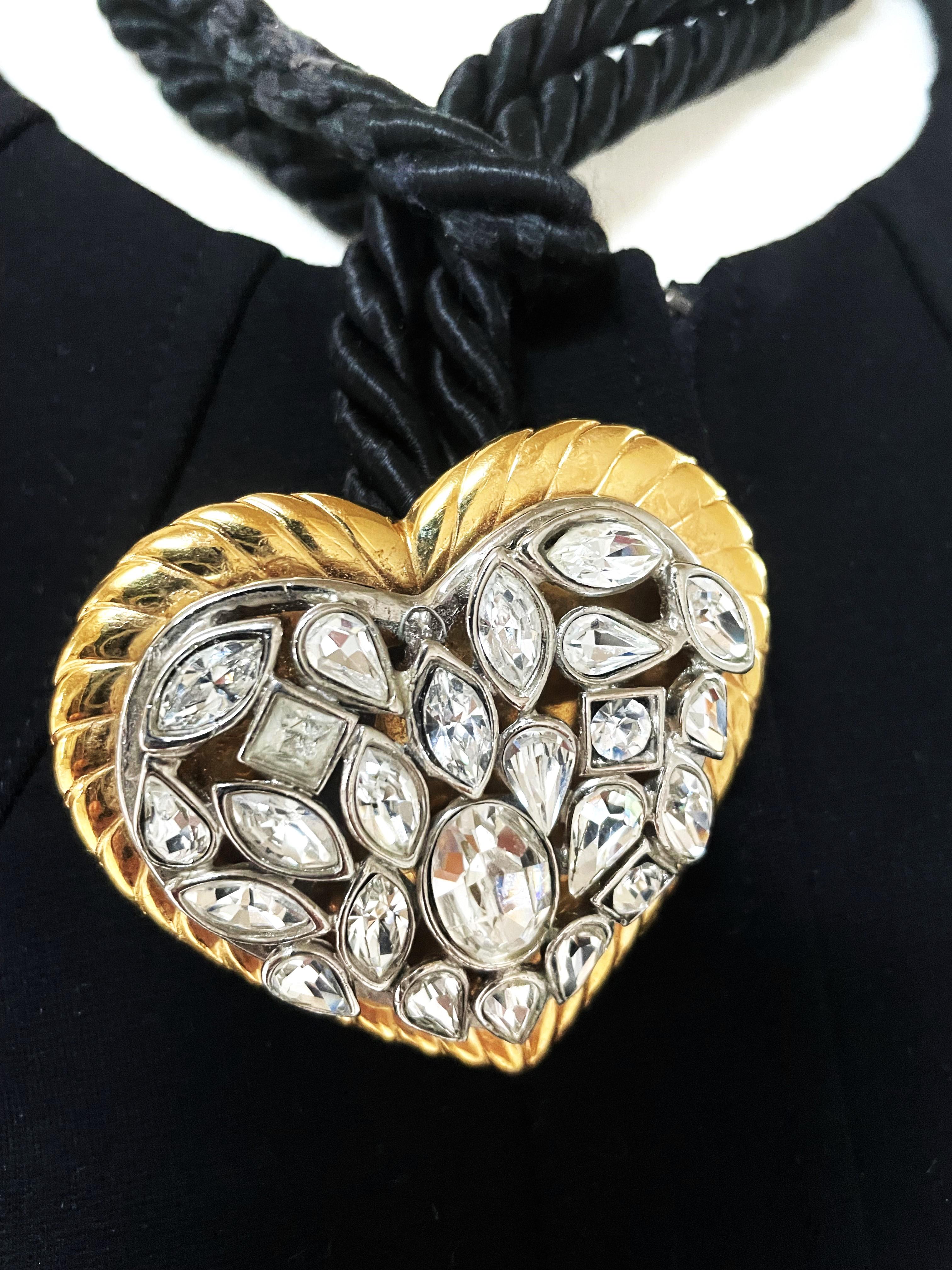 Yves Saint Laurent rhinestone Heart hanging from a double black cord, 1980s For Sale 7