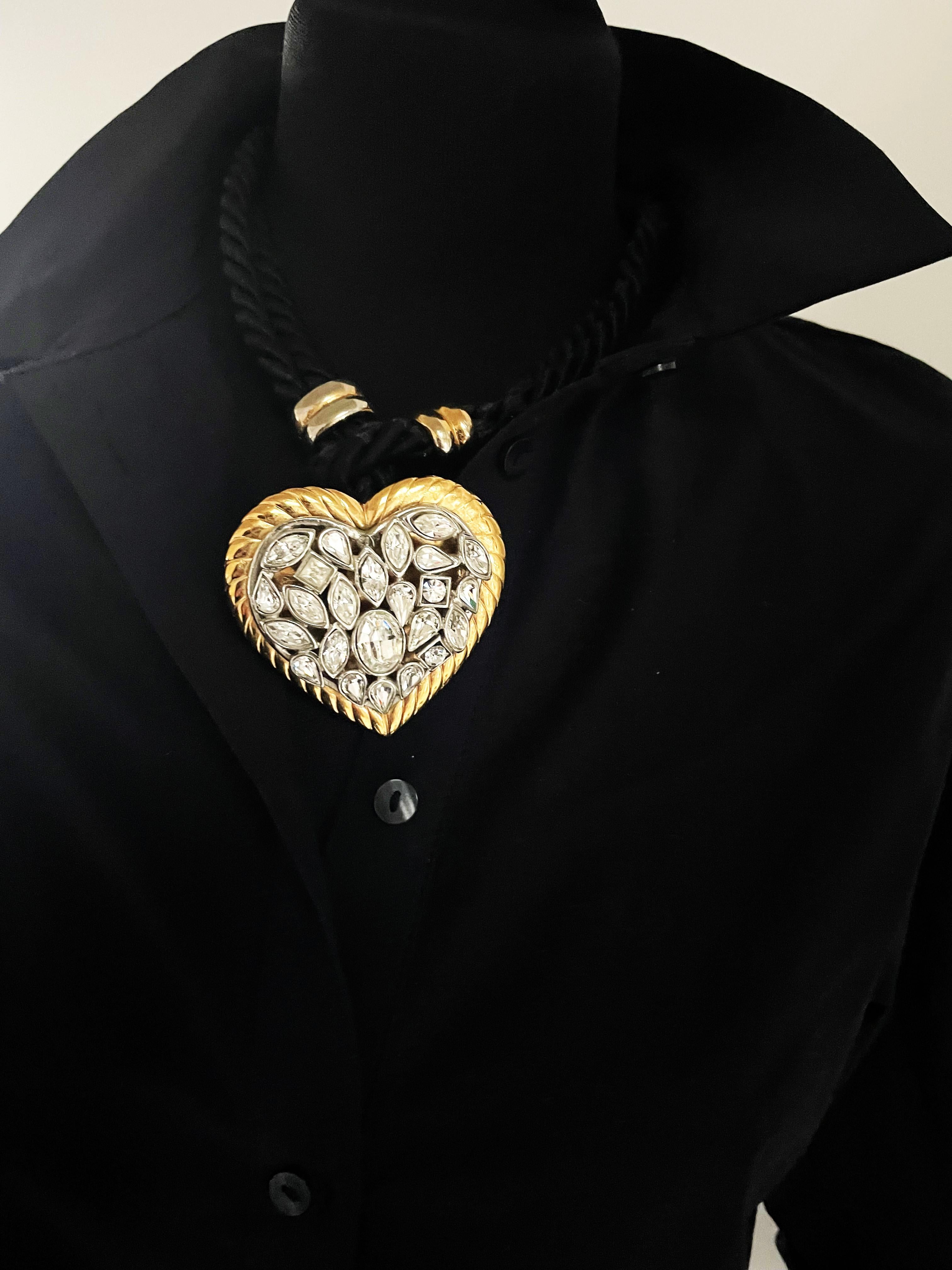 Modern Yves Saint Laurent rhinestone Heart hanging from a double black cord, 1980s For Sale