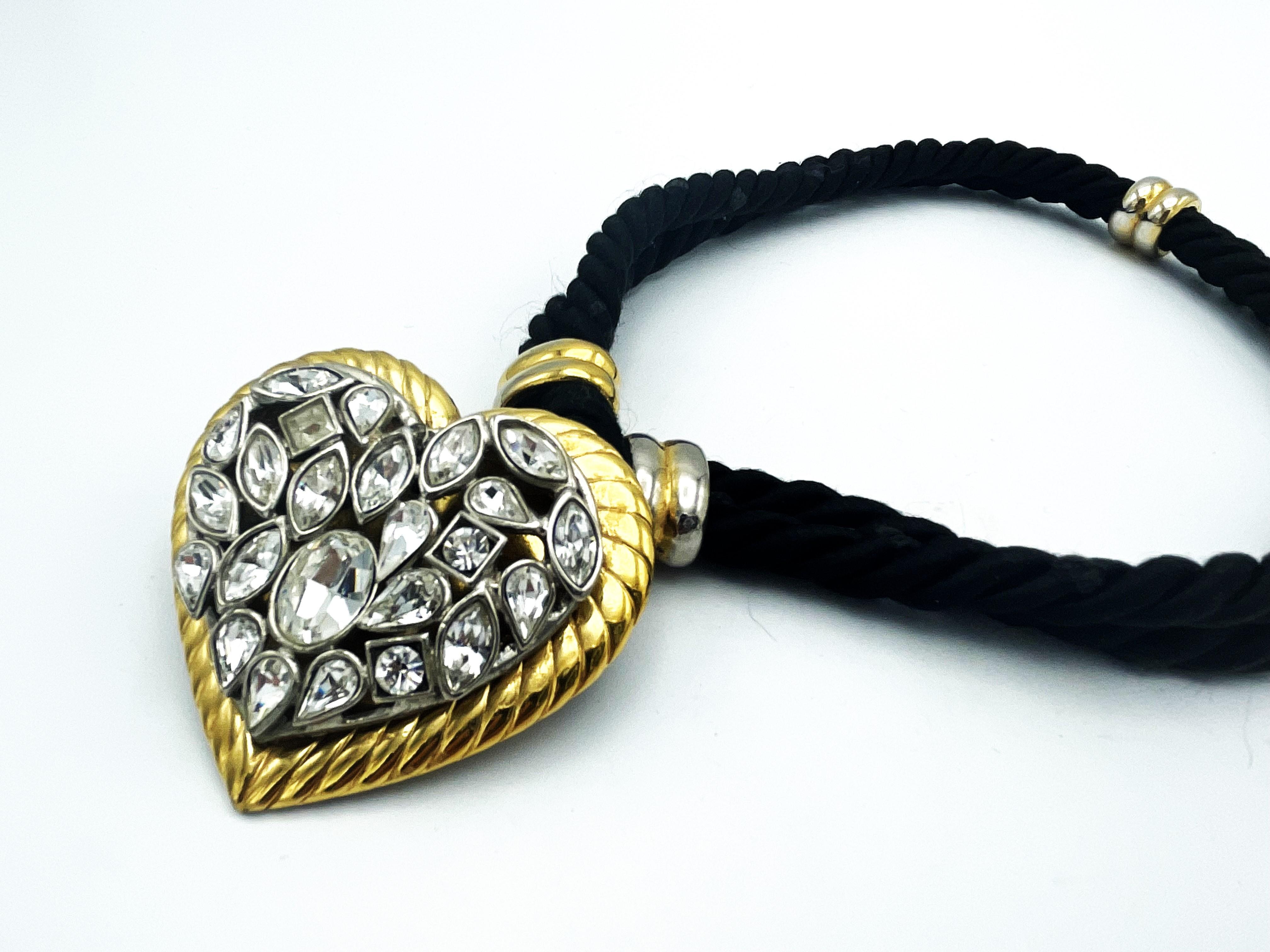 Mixed Cut Yves Saint Laurent rhinestone Heart hanging from a double black cord, 1980s For Sale