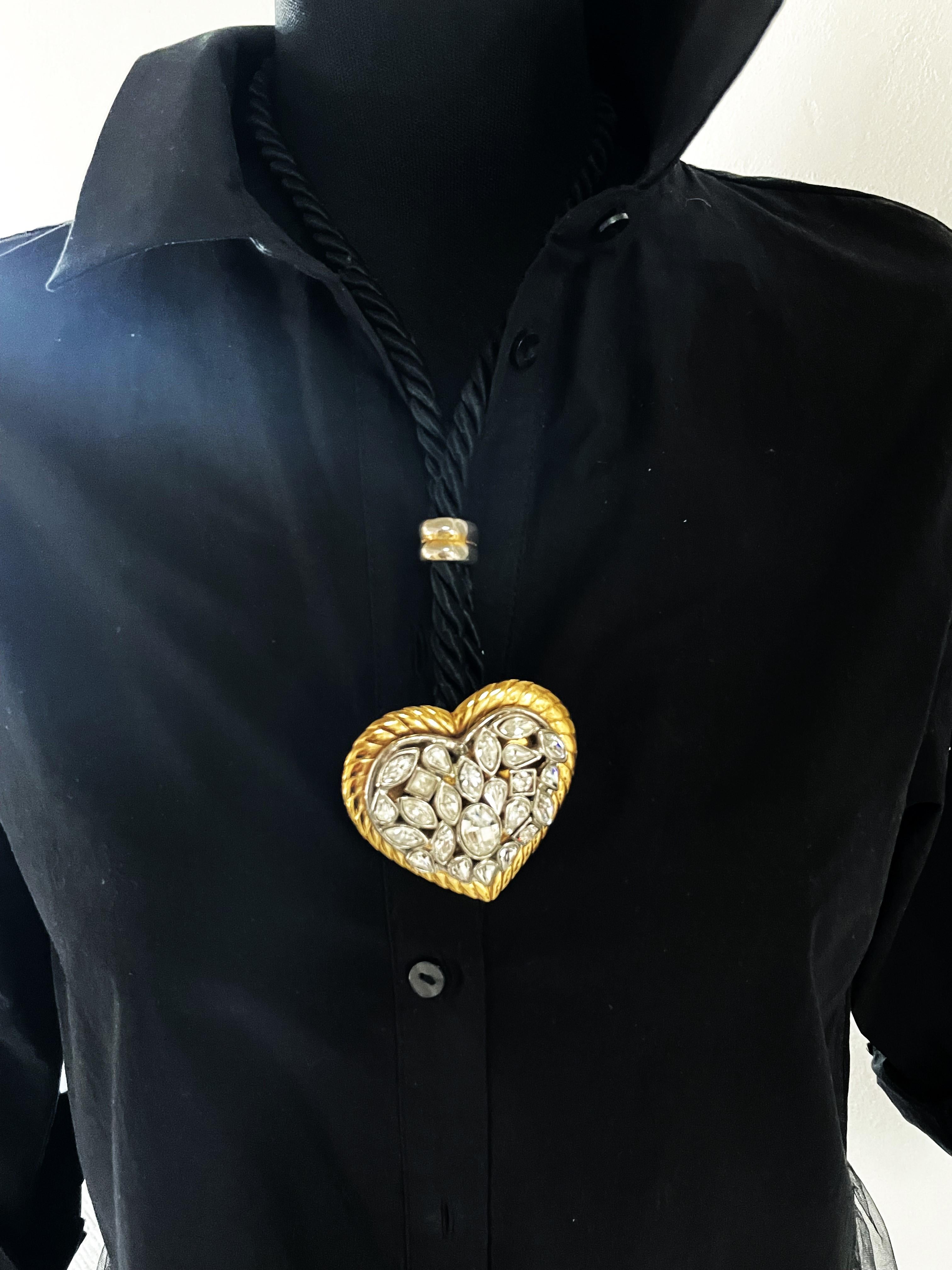 Women's or Men's Yves Saint Laurent rhinestone Heart hanging from a double black cord, 1980s For Sale