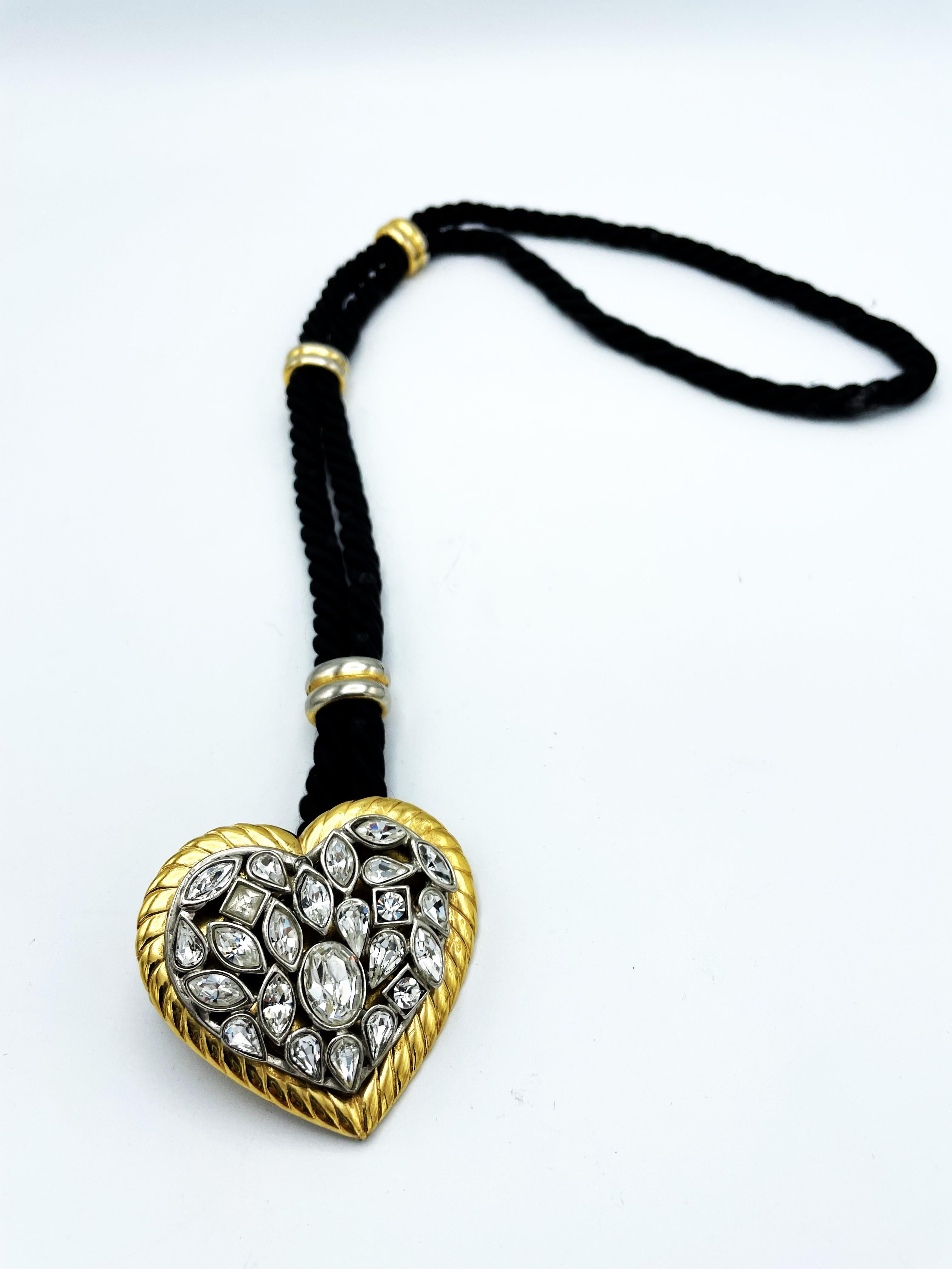 Yves Saint Laurent rhinestone Heart hanging from a double black cord, 1980s For Sale 1