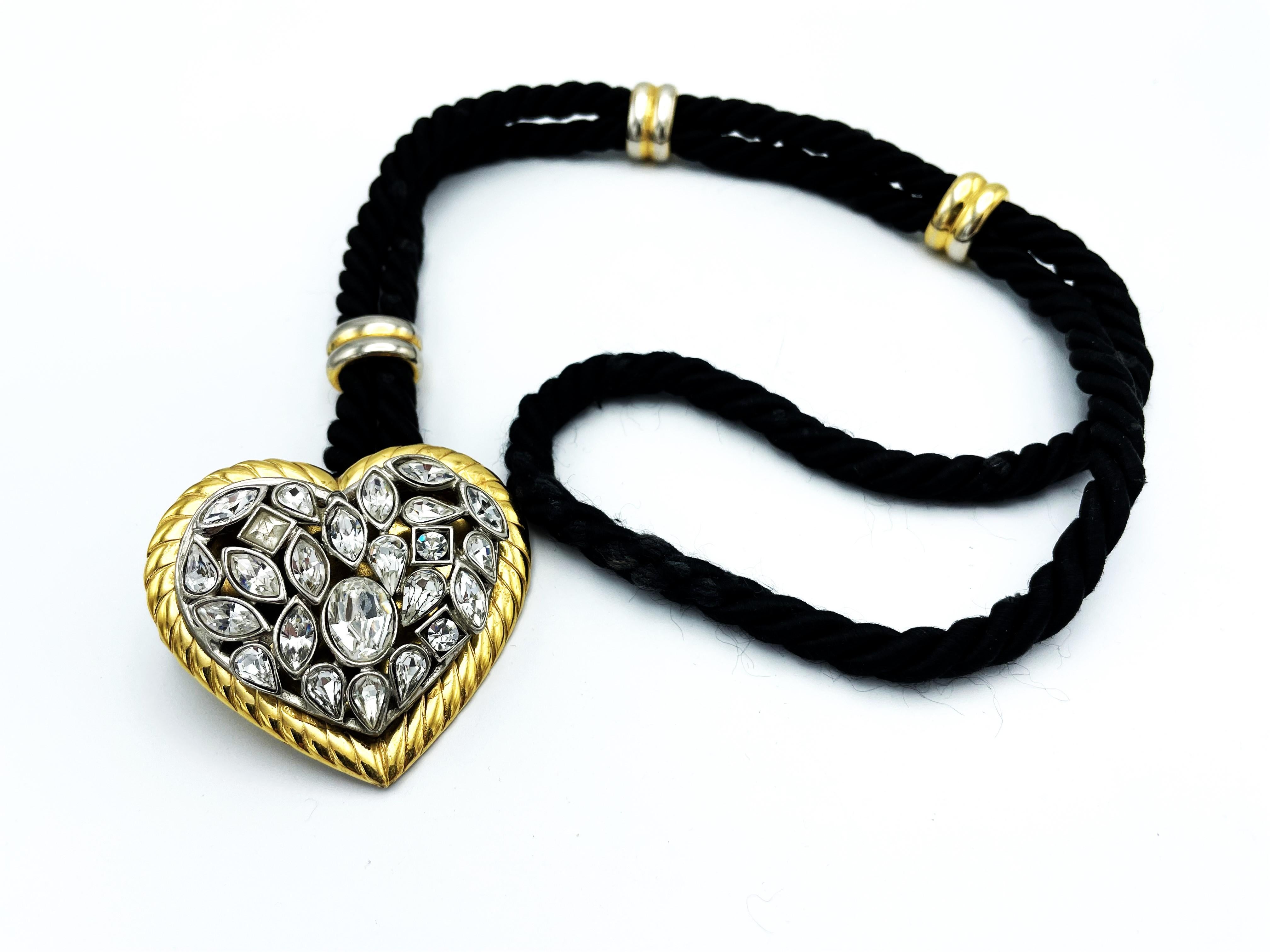 Yves Saint Laurent rhinestone Heart hanging from a double black cord, 1980s For Sale 2
