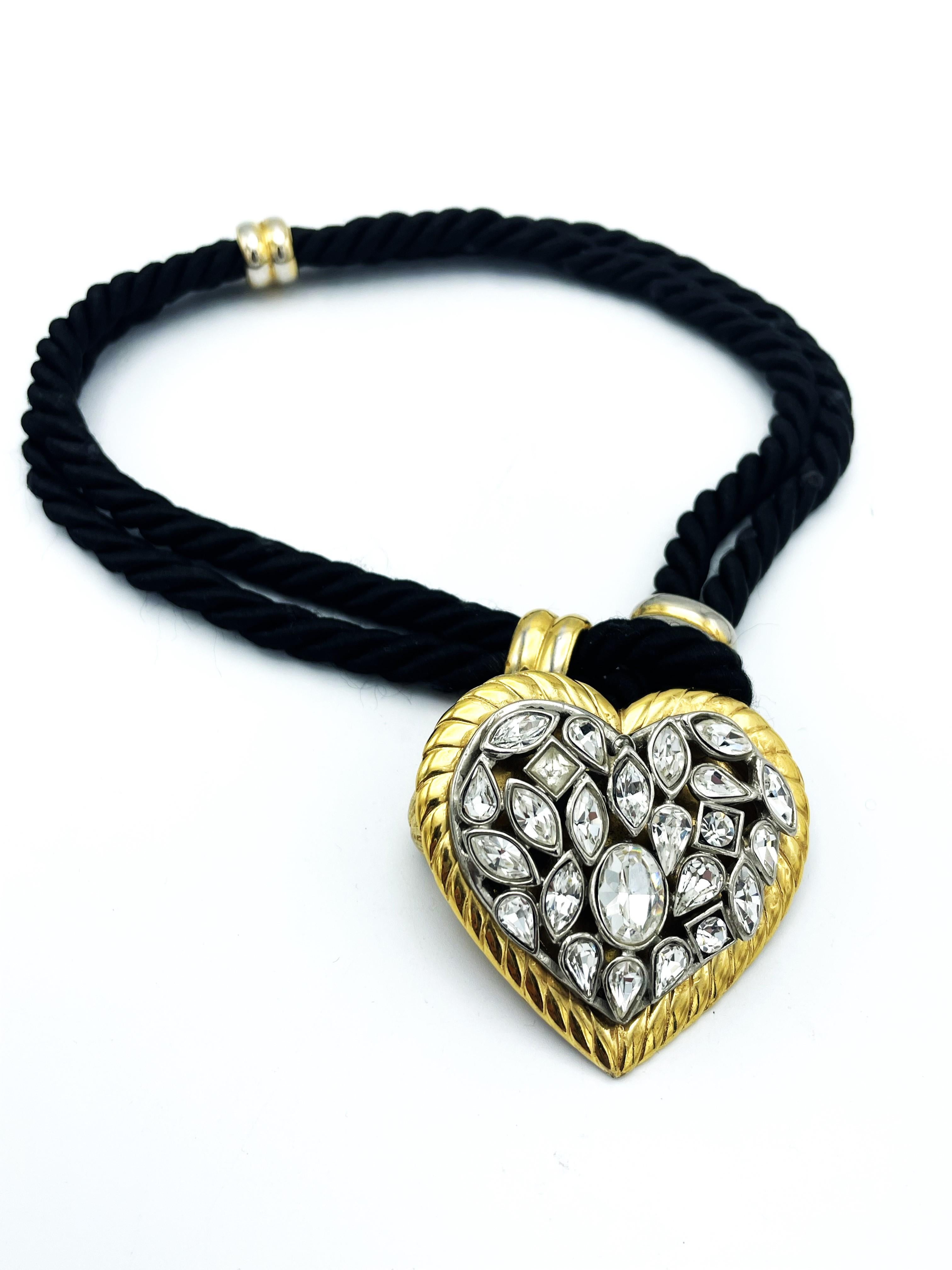 Yves Saint Laurent rhinestone Heart hanging from a double black cord, 1980s For Sale 3