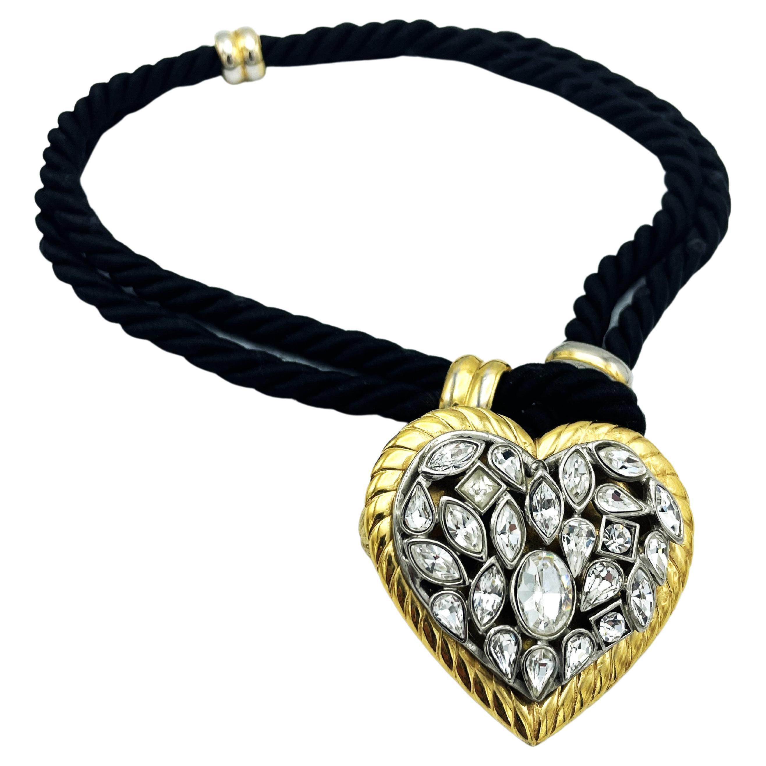 Yves Saint Laurent rhinestone Heart hanging from a double black cord, 1980s For Sale