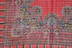 Yves Saint Laurent Rich Burgundy & Navy Border Wool Challis Fringed Scarf