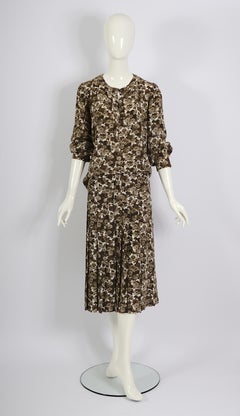 Yves Saint Laurent "rive gauche" 1970s brown floral print silk top & skirt set