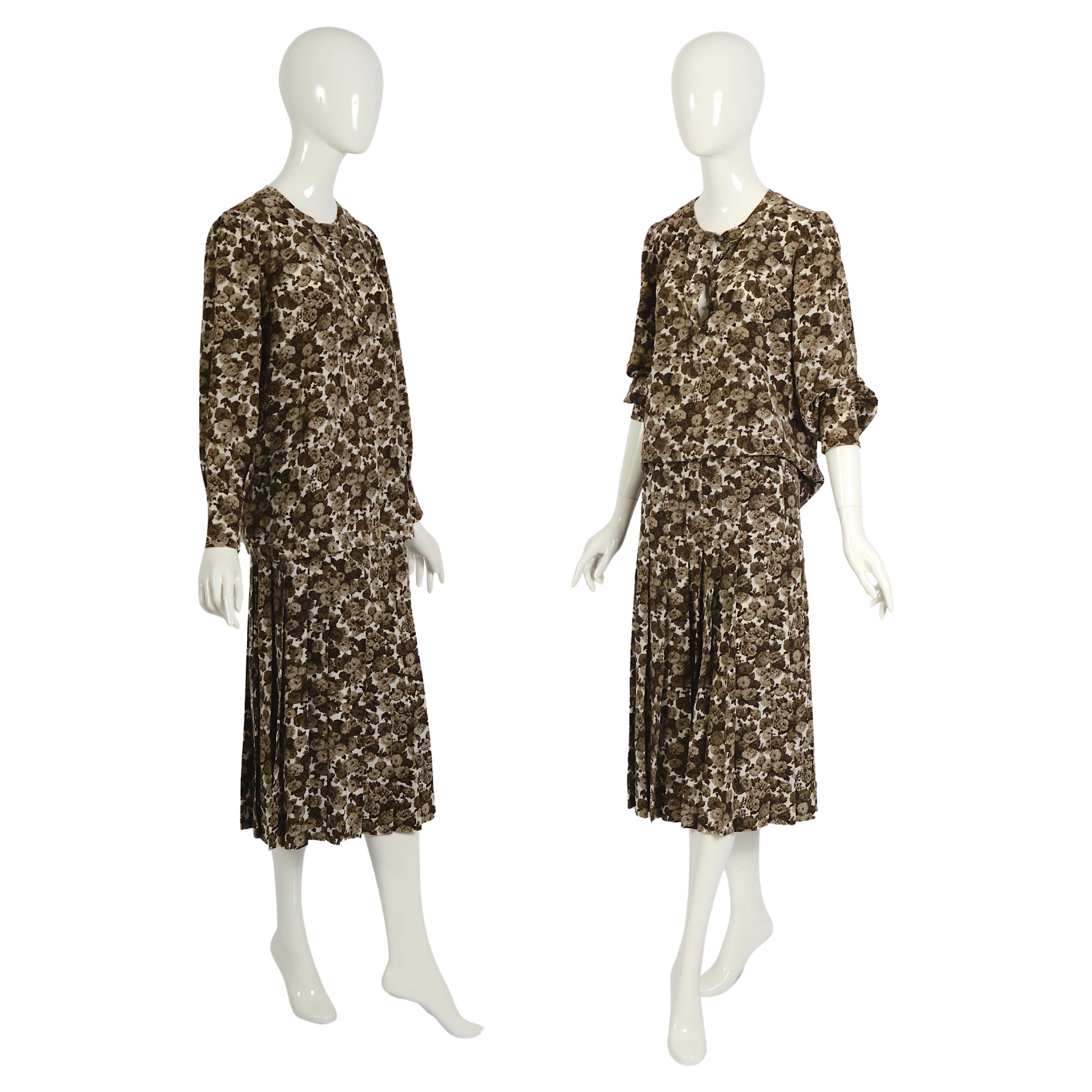 Yves Saint Laurent "rive gauche" 1970s brown floral print silk top & skirt set For Sale