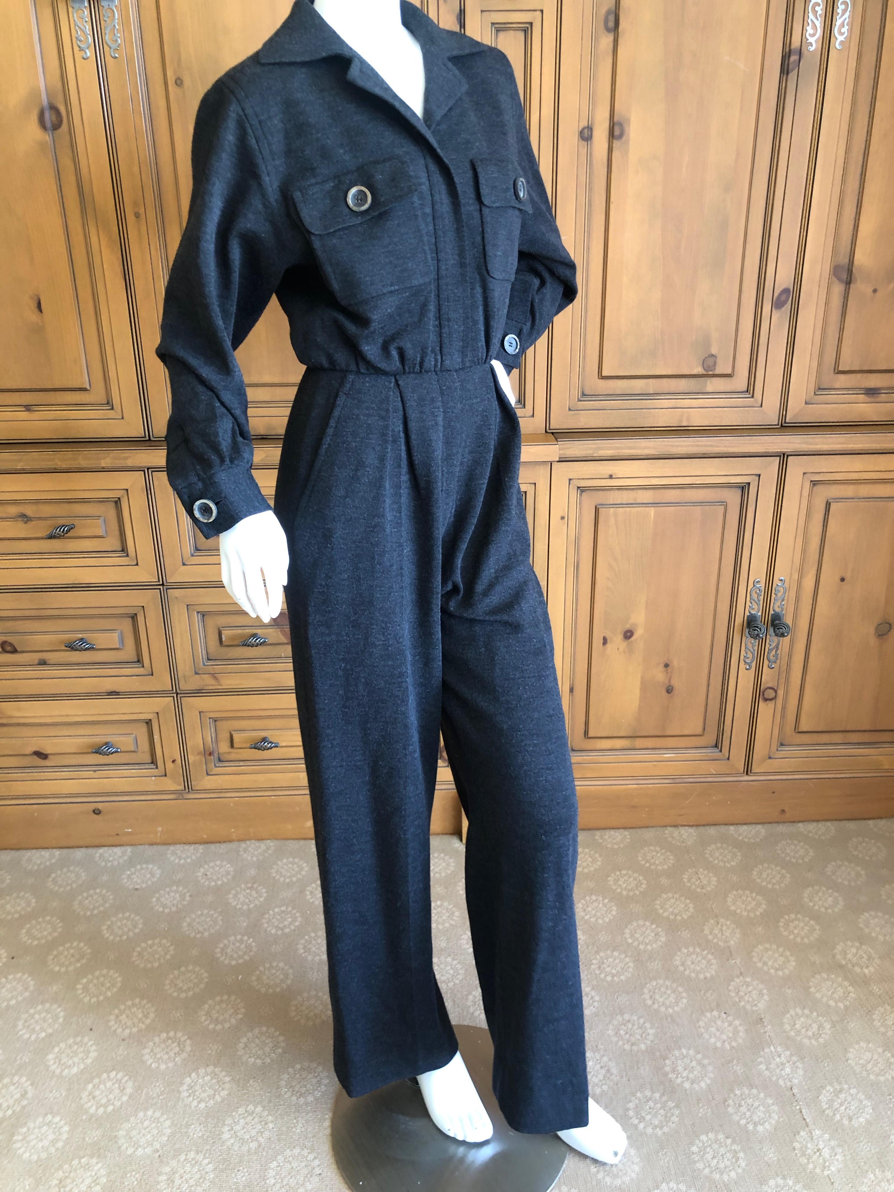 Yves Saint Laurent Rive Gauche 1970's Gray Jersey Jumpsuit 
The belt is for styling only, not included.
Partially lined
Size M-L No size tag
Bust 40