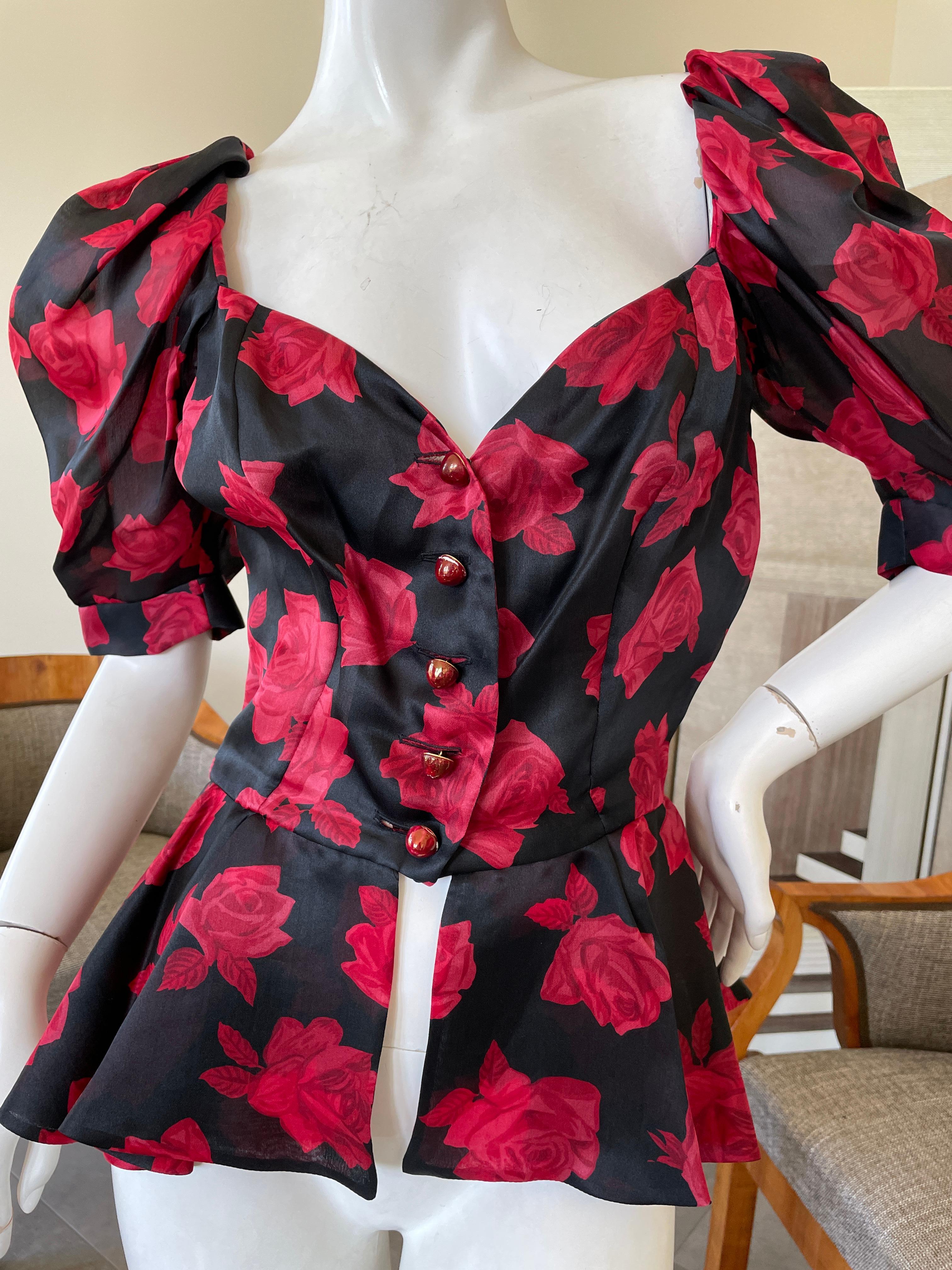 Yves Saint Laurent Rive Gauche 1970's Low Cut Floral Top In Excellent Condition For Sale In Cloverdale, CA