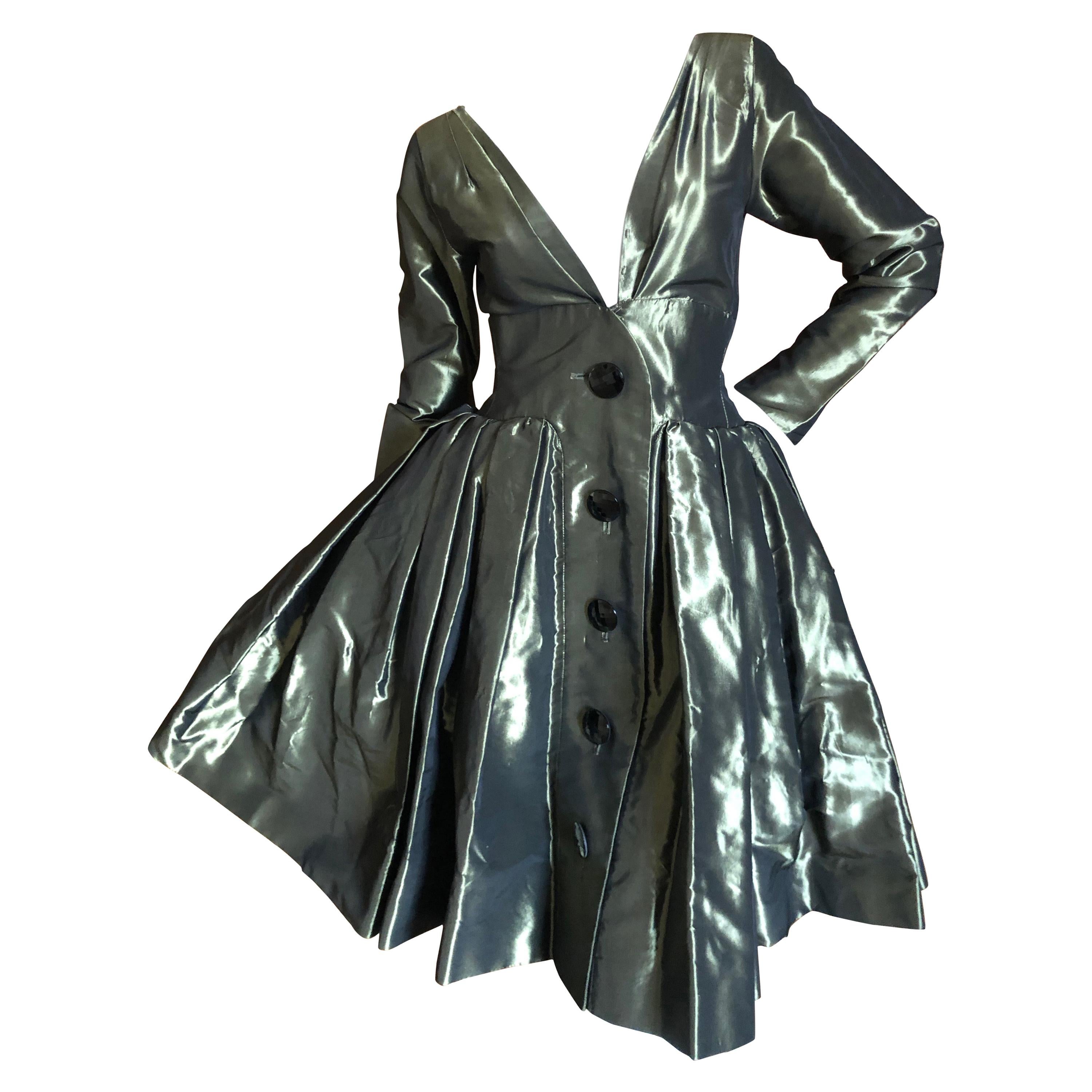 Yves Saint Laurent Rive Gauche 1970's Low Cut Metallic Taffeta Pleated Dress For Sale