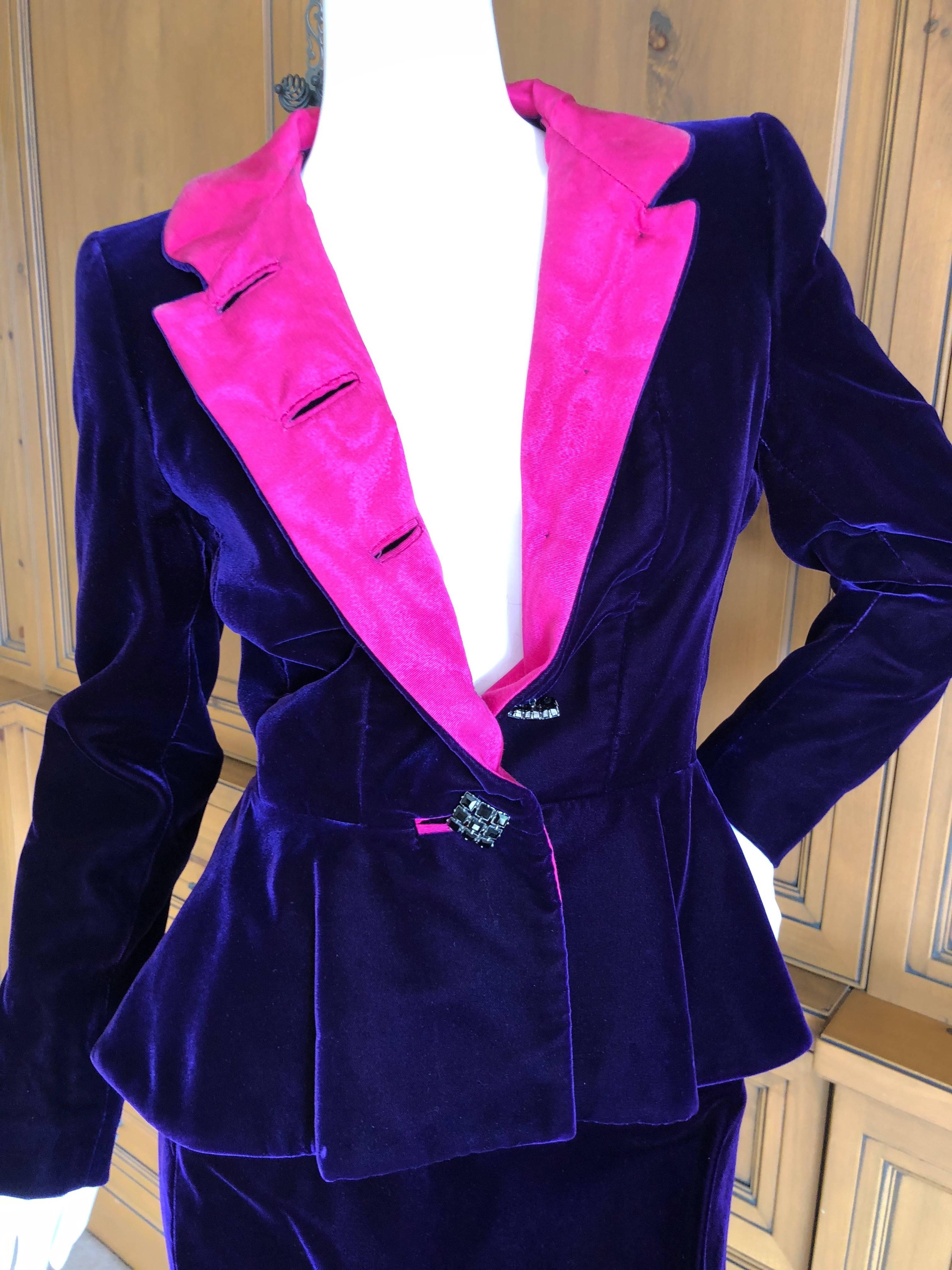 Yves Saint Laurent Rive Gauche 1970's Purple Velvet Suit w Hot Pink Moire Trim For Sale 6
