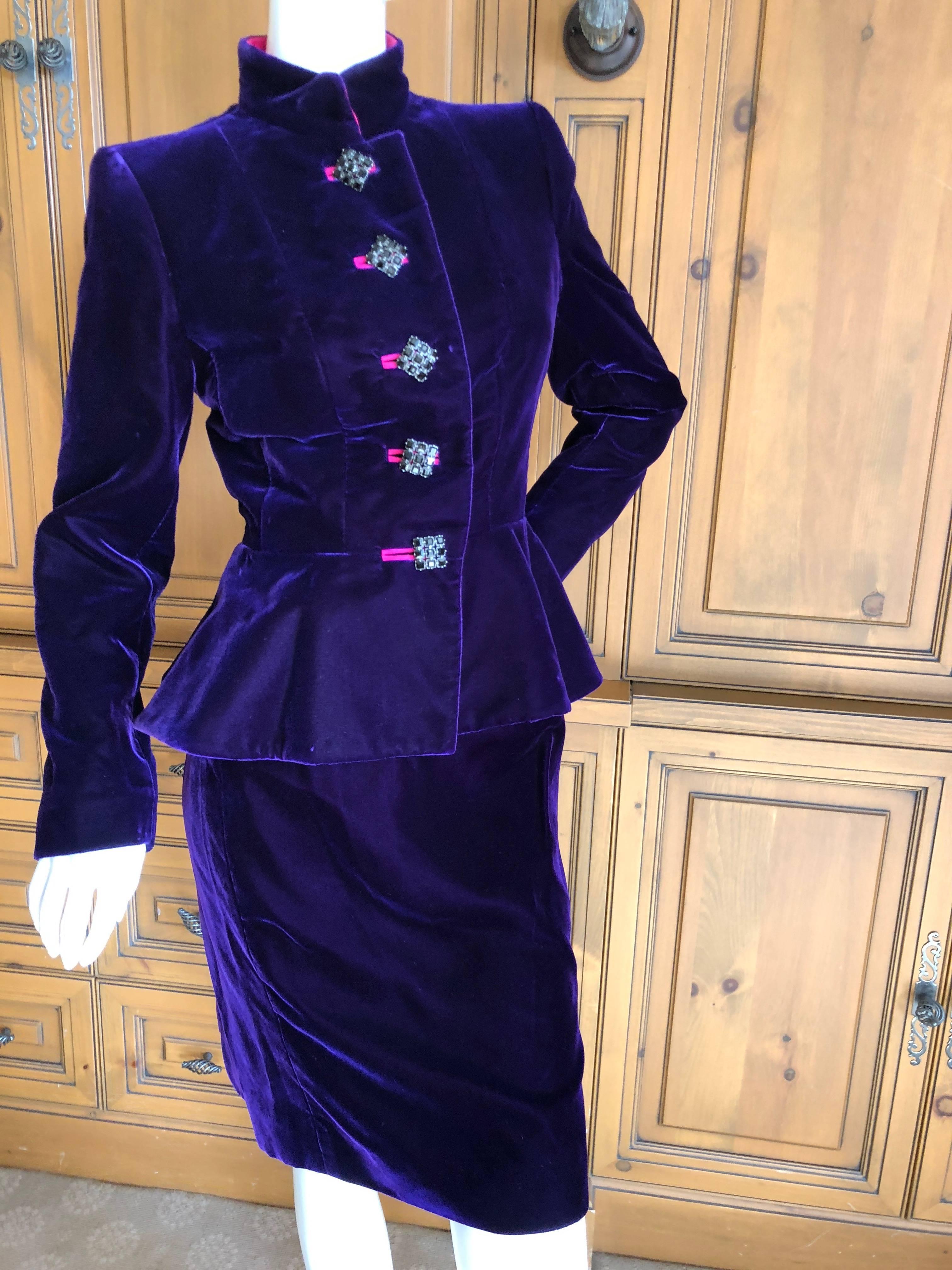 Yves Saint Laurent Rive Gauche 1970's Purple Velvet Suit w Hot Pink Moire Trim
Size 36
Bust 36