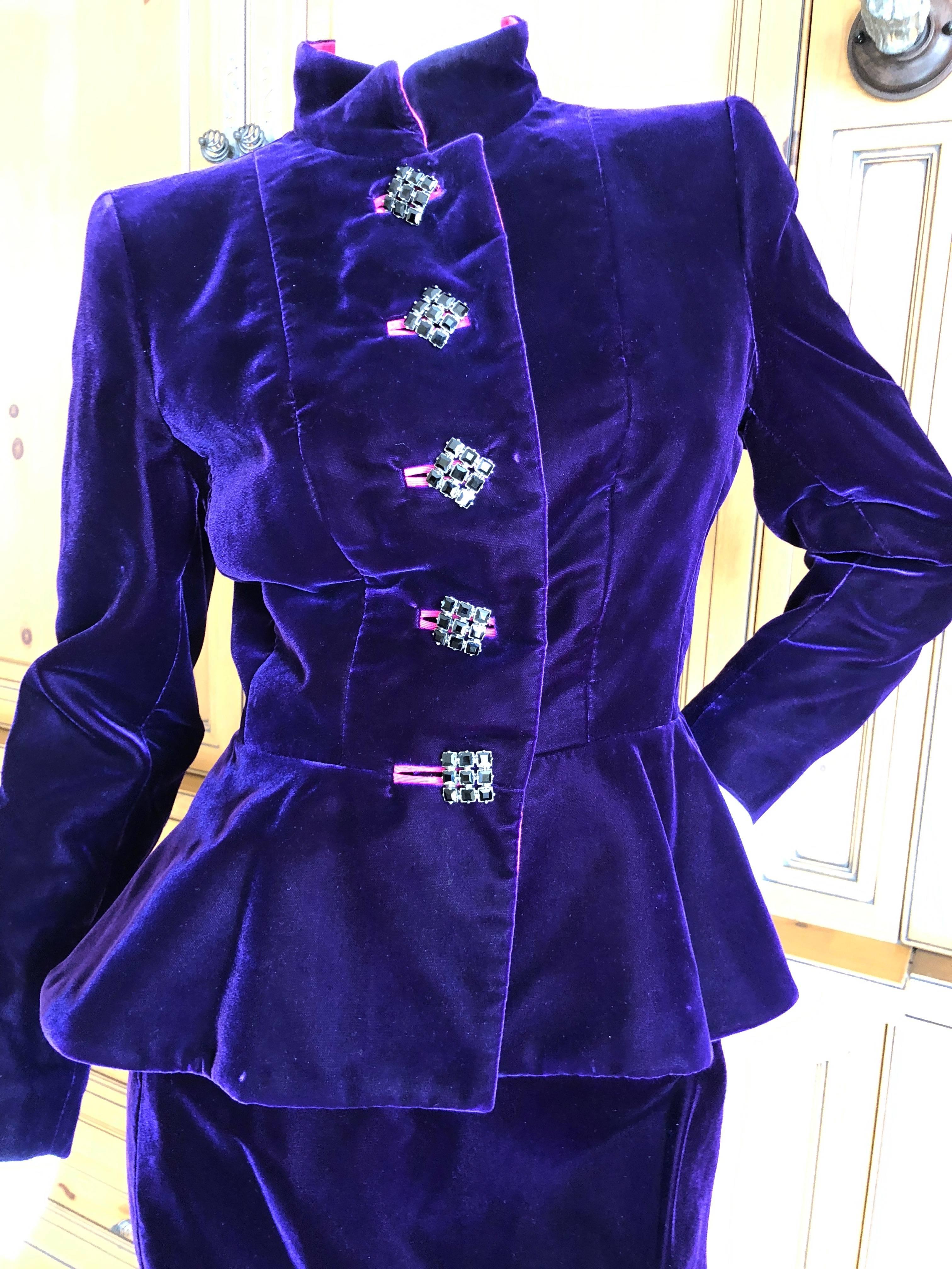Yves Saint Laurent Rive Gauche 1970's Purple Velvet Suit w Hot Pink Moire Trim In Excellent Condition For Sale In Cloverdale, CA