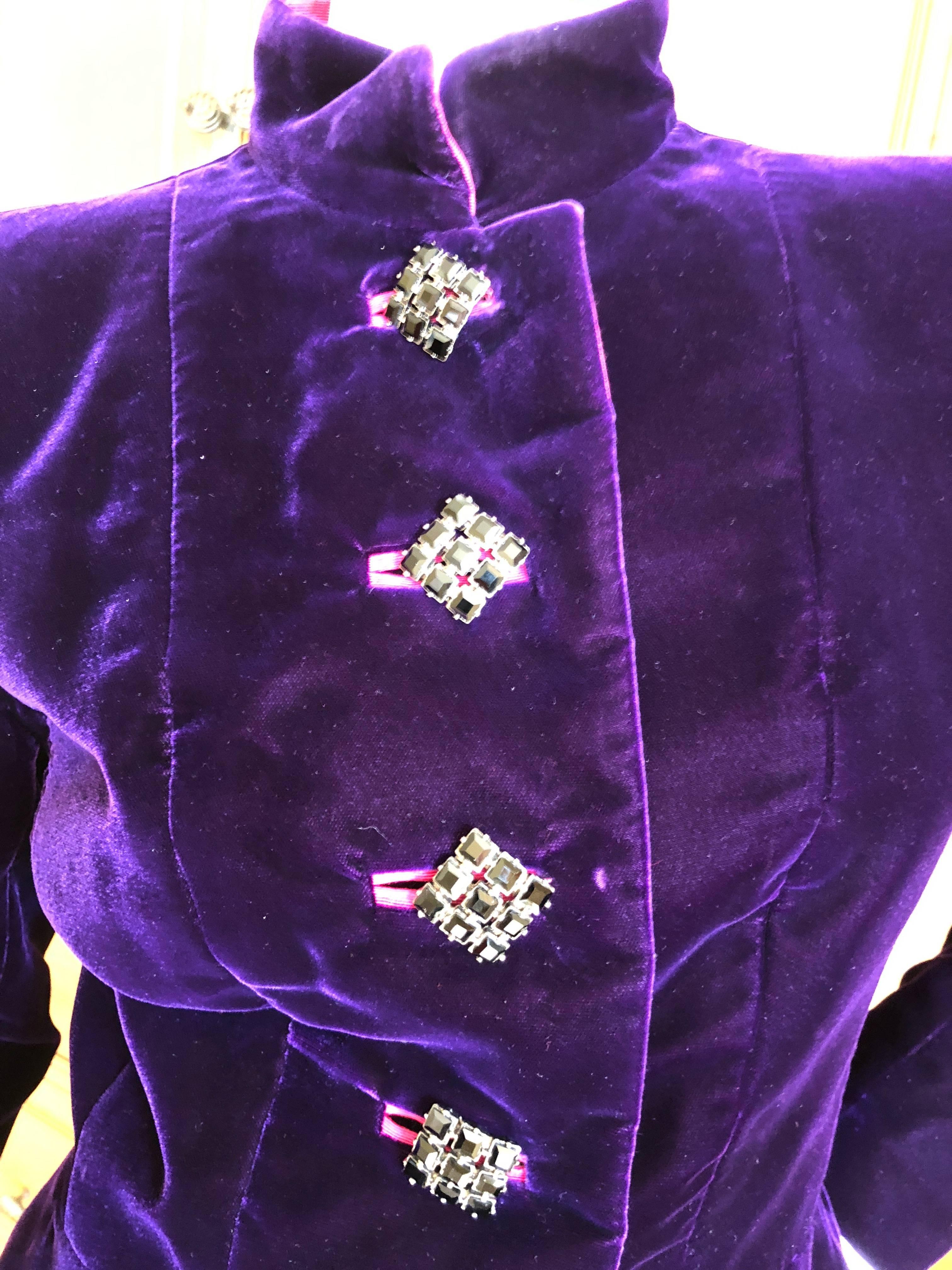 Women's Yves Saint Laurent Rive Gauche 1970's Purple Velvet Suit w Hot Pink Moire Trim For Sale