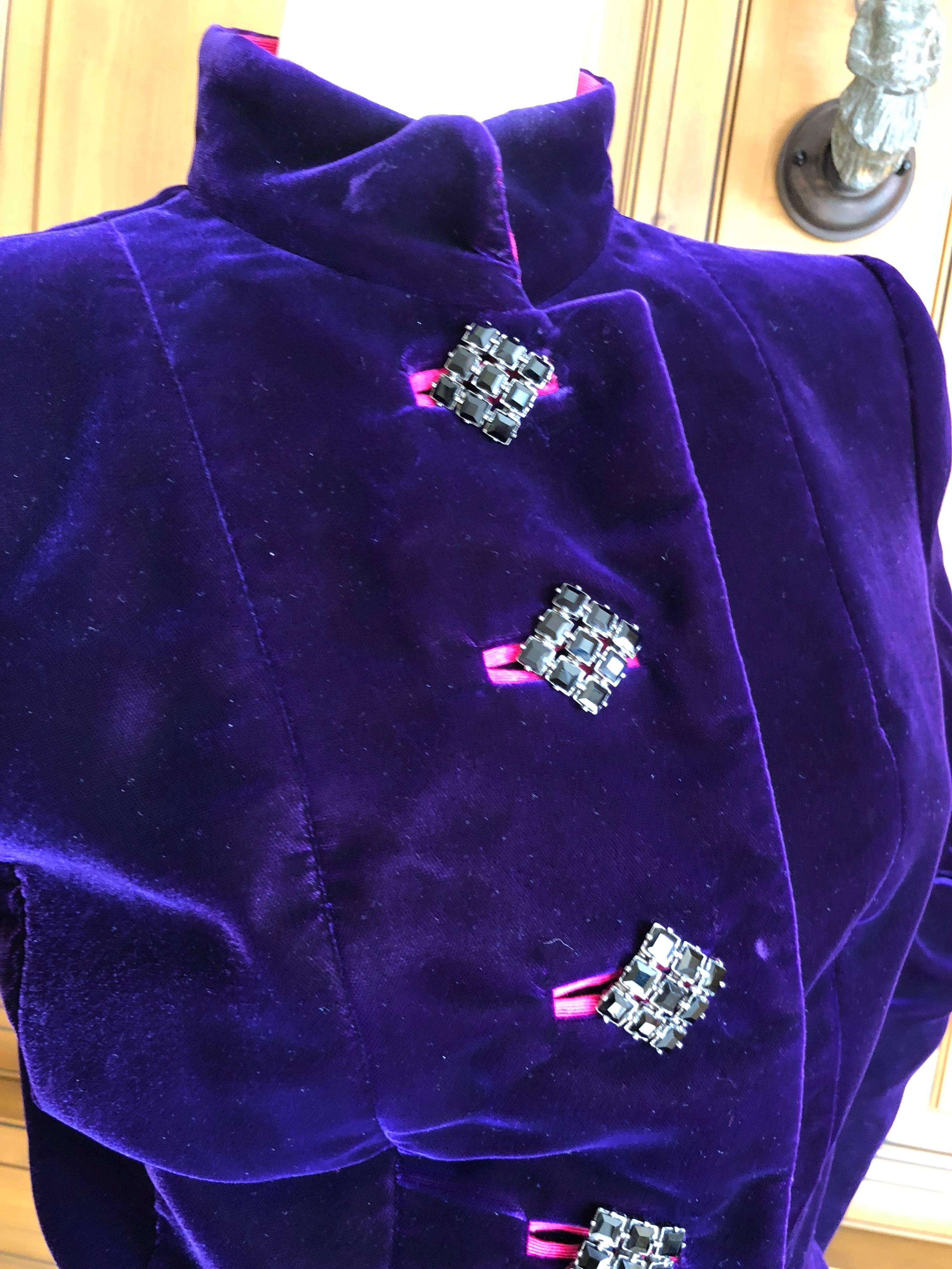 Yves Saint Laurent Rive Gauche 1970's Purple Velvet Suit w Hot Pink Moire Trim For Sale 1