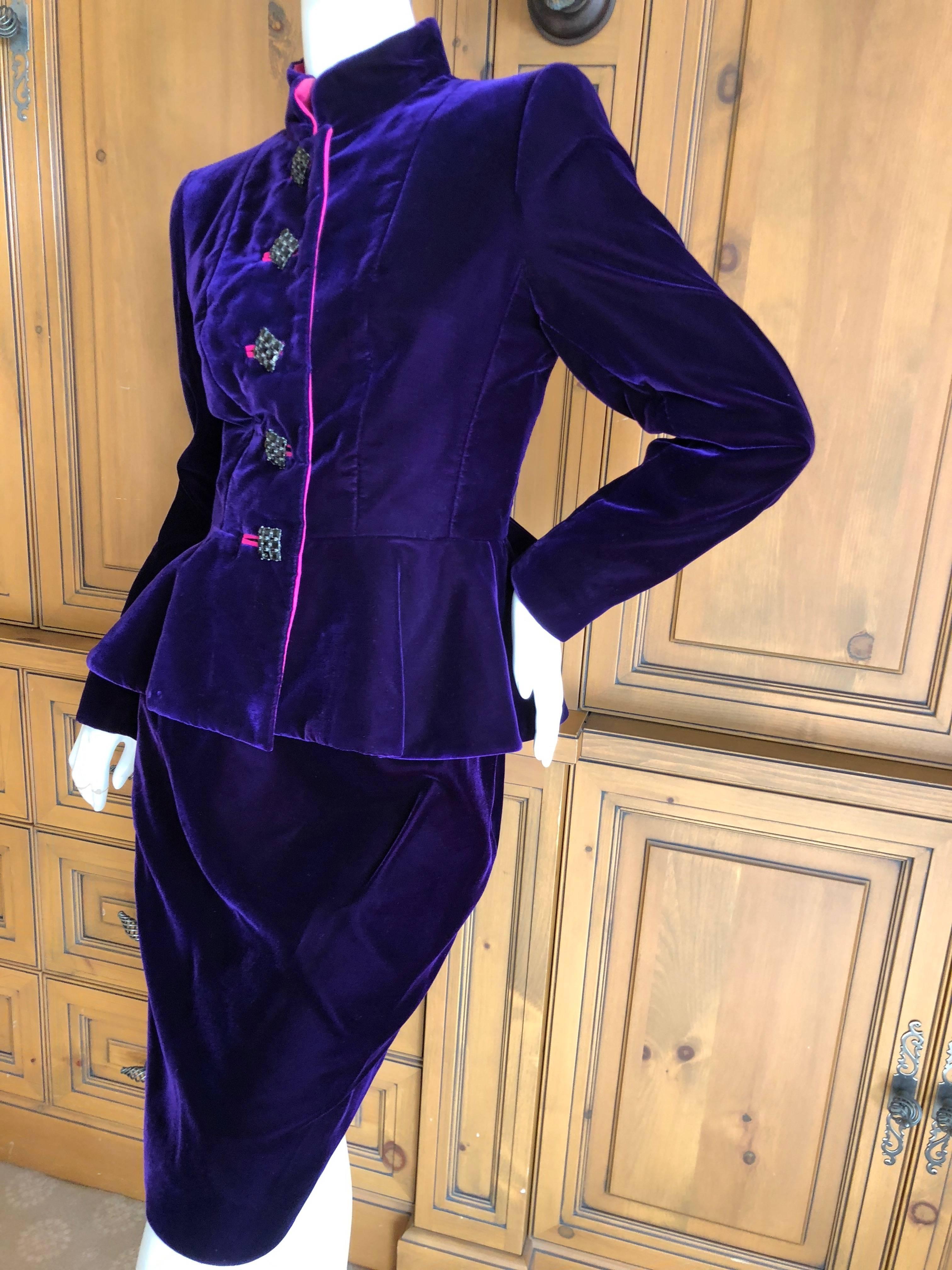 Yves Saint Laurent Rive Gauche 1970's Purple Velvet Suit w Hot Pink Moire Trim For Sale 2