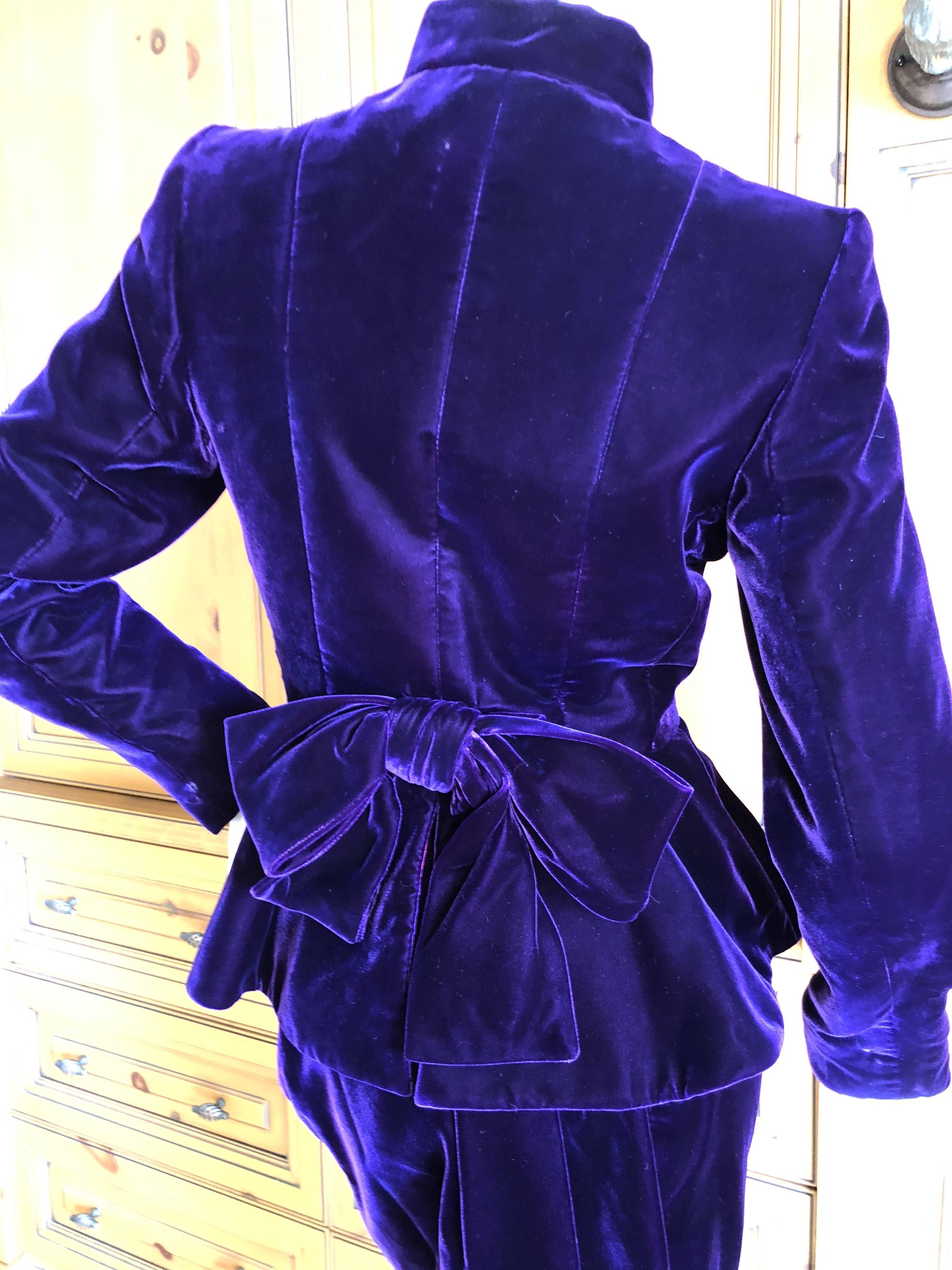 Yves Saint Laurent Rive Gauche 1970's Purple Velvet Suit w Hot Pink Moire Trim For Sale 3