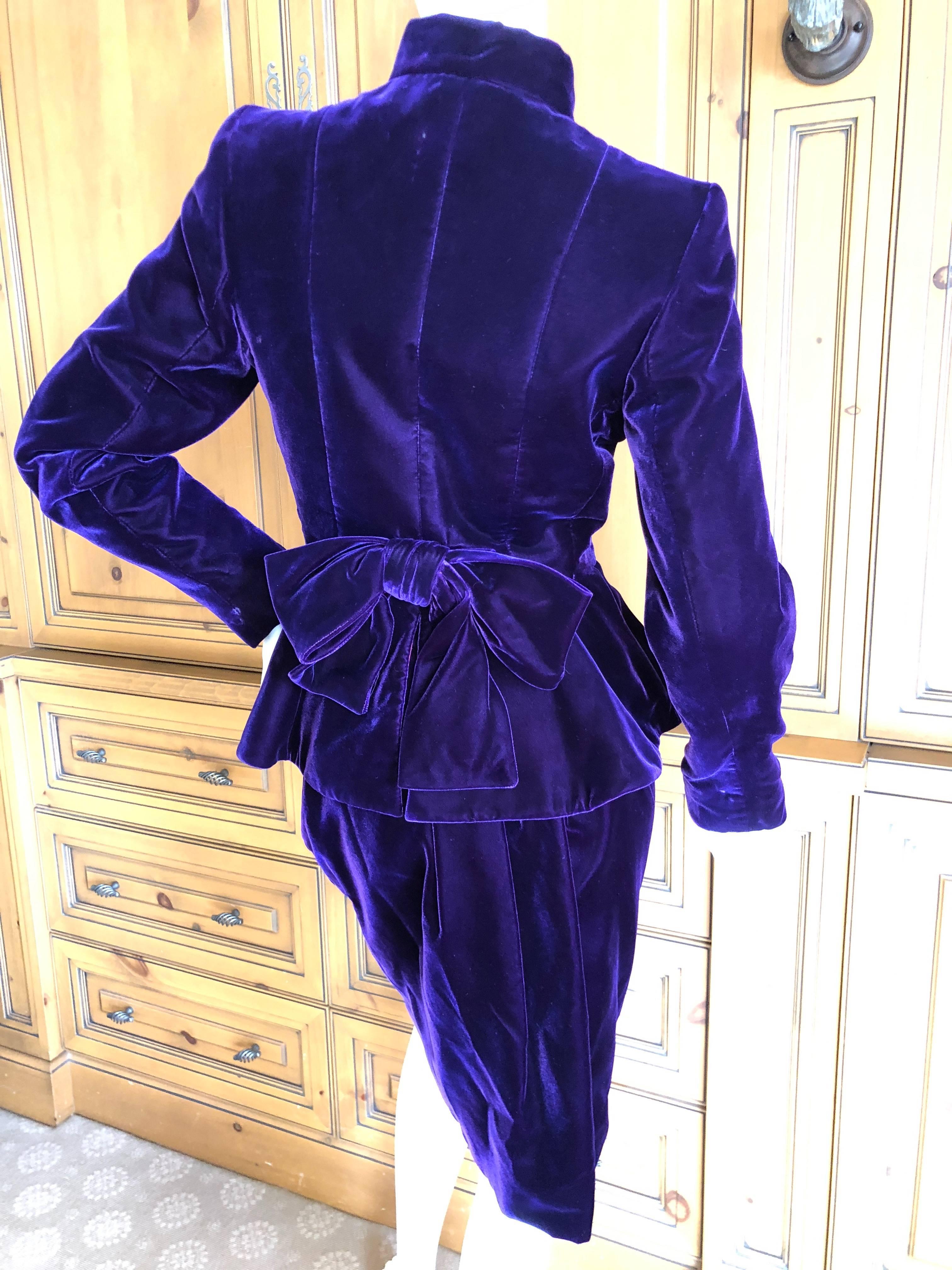 Yves Saint Laurent Rive Gauche 1970's Purple Velvet Suit w Hot Pink Moire Trim For Sale 4