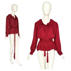 Yves Saint Laurent "rive gauche" 1970s Red Silk Blouse & Signed Tassel Cord Belt