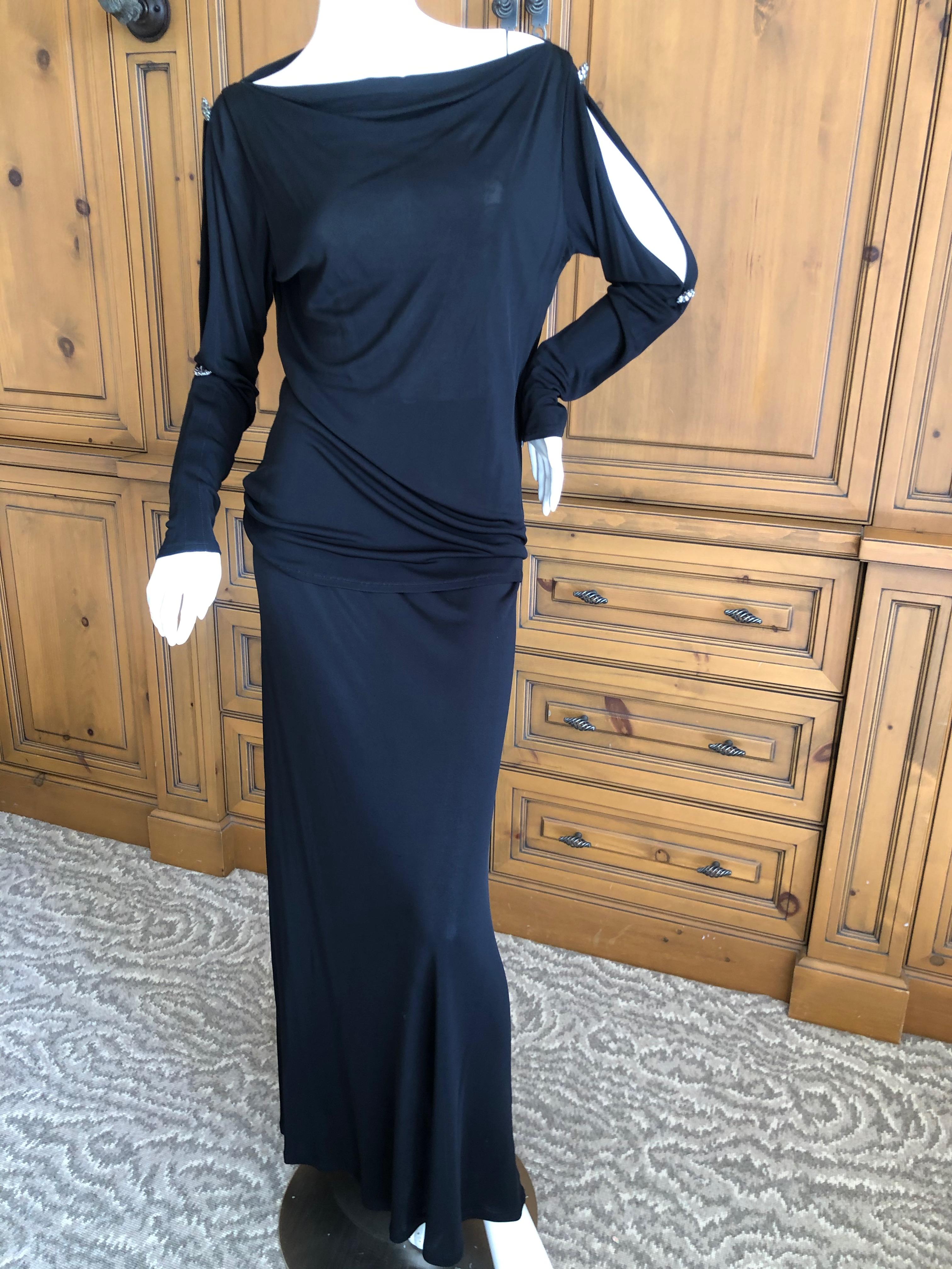 Women's Yves Saint Laurent Rive Gauche 1980's Black Skirt Suit w Jeweled Cold Shoulders For Sale