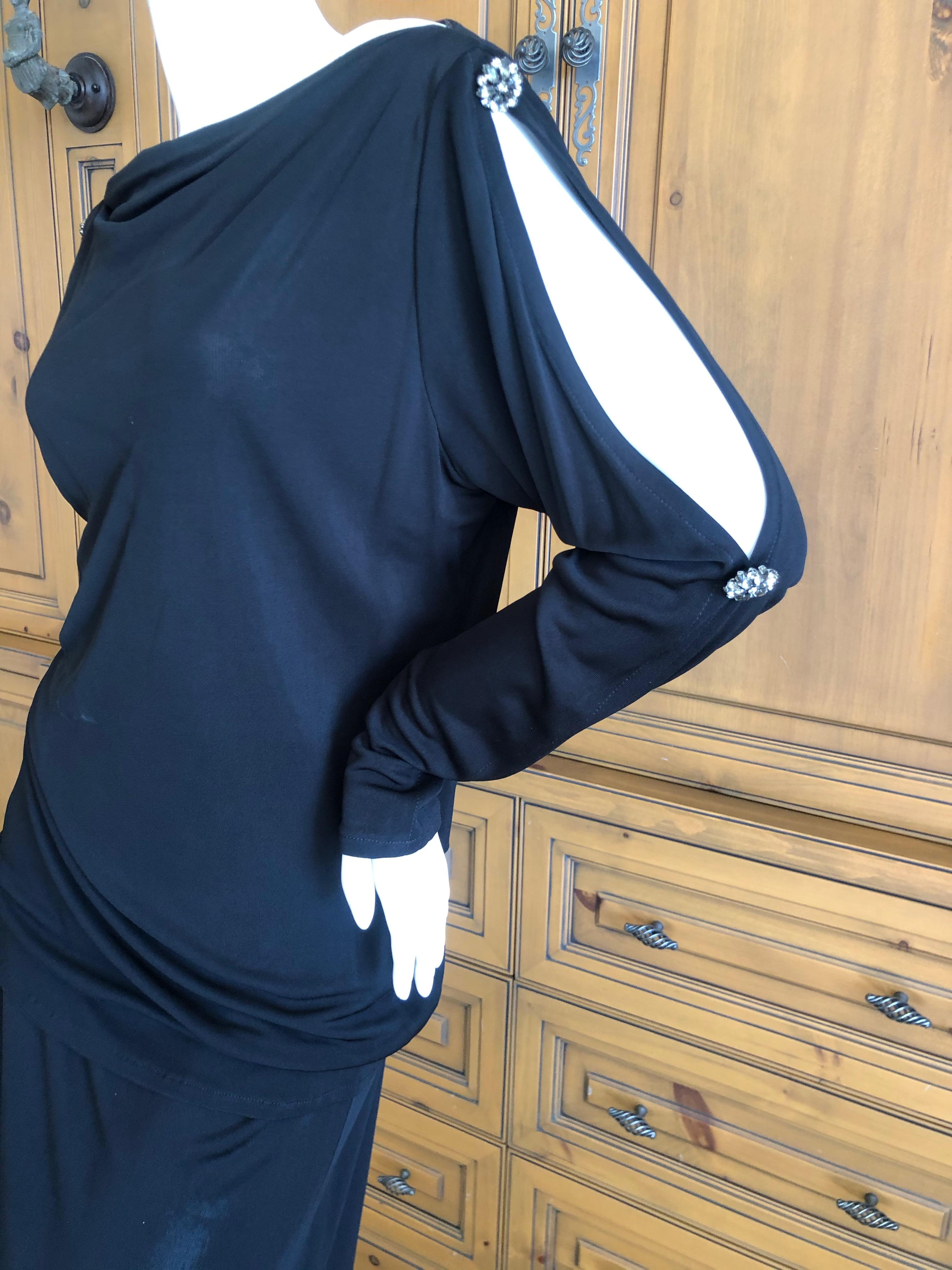 Yves Saint Laurent Rive Gauche 1980's Black Skirt Suit w Jeweled Cold Shoulders For Sale 2