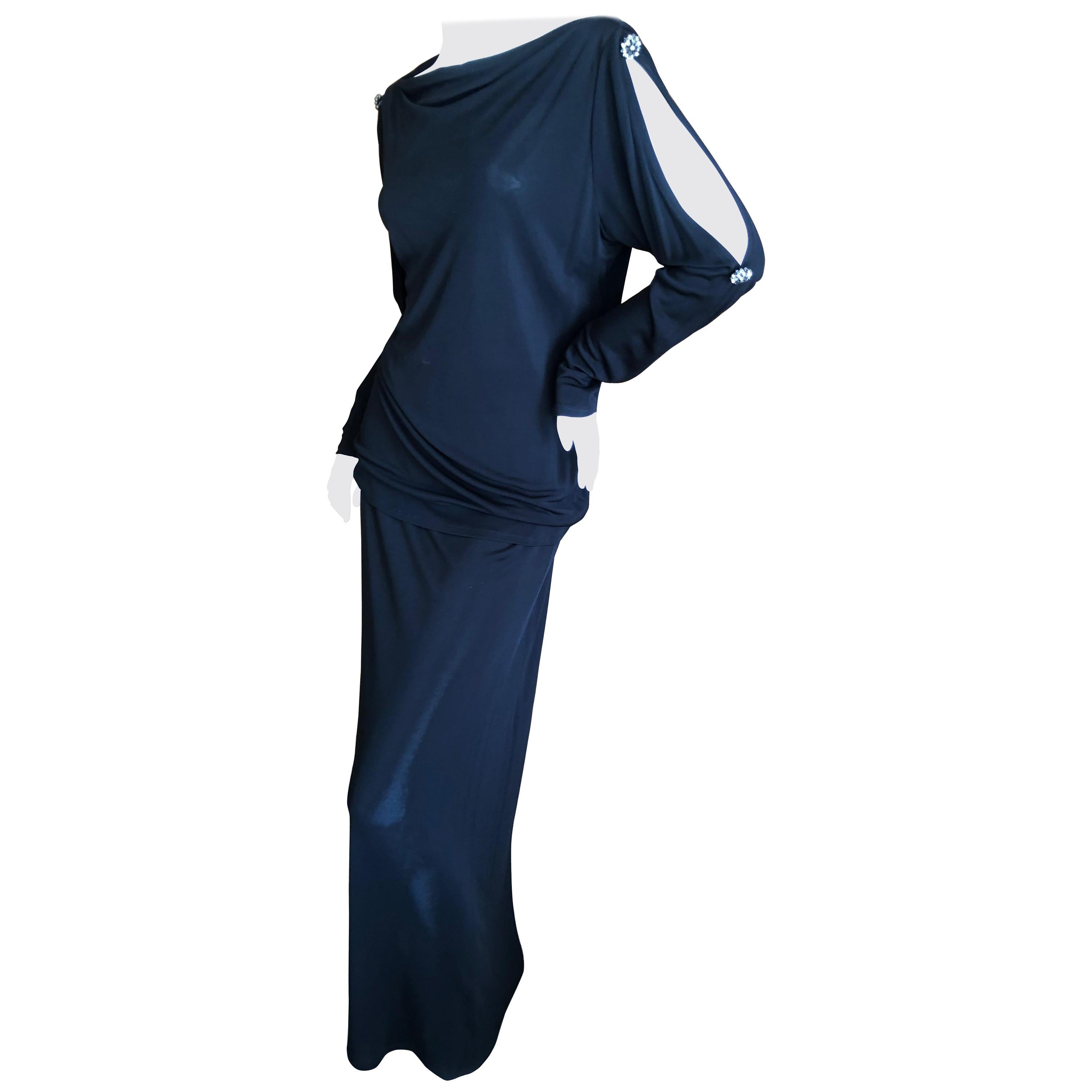Yves Saint Laurent Rive Gauche 1980's Black Skirt Suit w Jeweled Cold Shoulders For Sale
