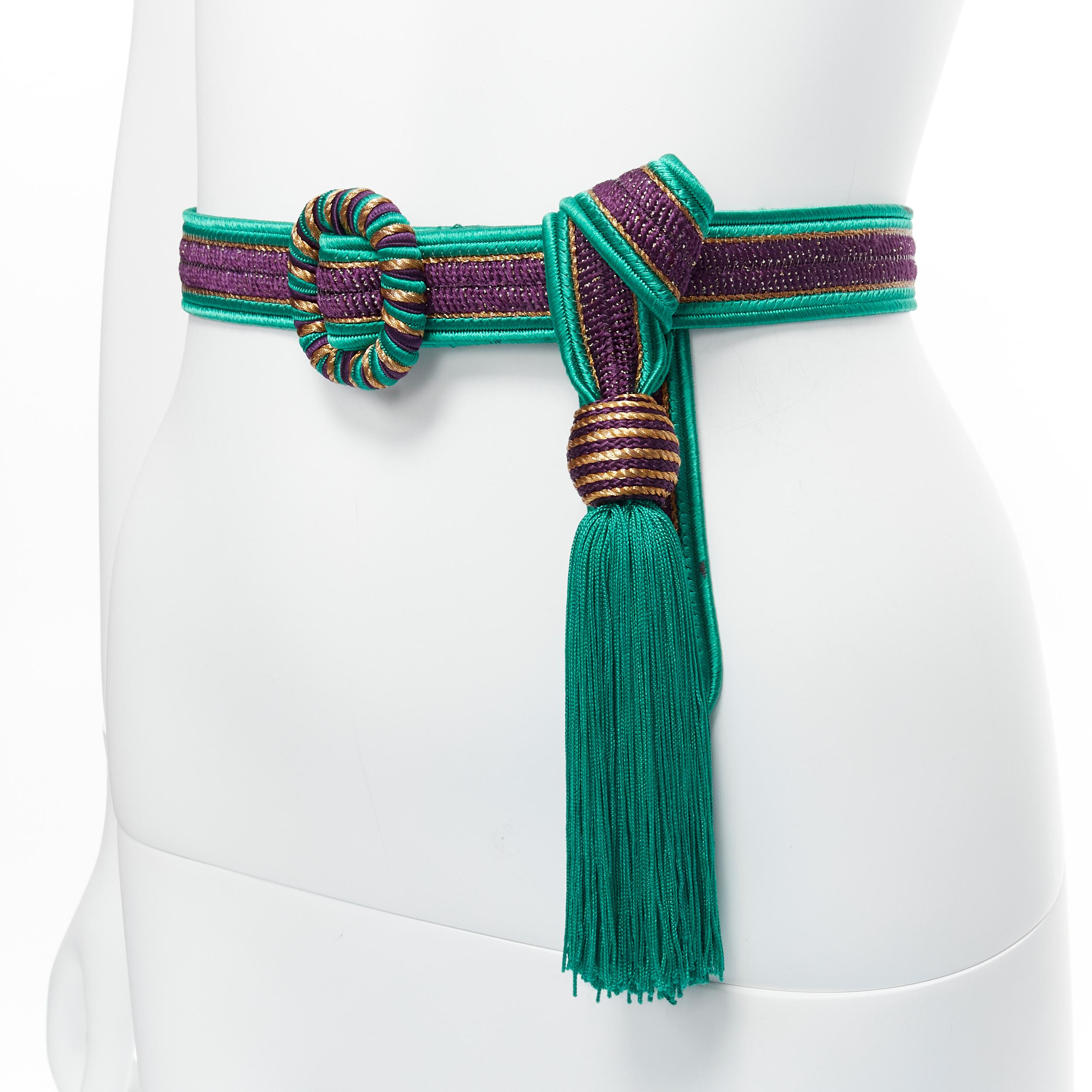 YVES SAINT LAURENT Rive Gauche 1980's green purple gold tassel woven hobo waist belt
Reference: TGAS/D00213
Brand: Yves Saint Laurent
Material: Fabric
Color: Green, Purple
Pattern: Solid
Closure: Belt
Extra Details: Gold tiny YSL plate.
Made in: