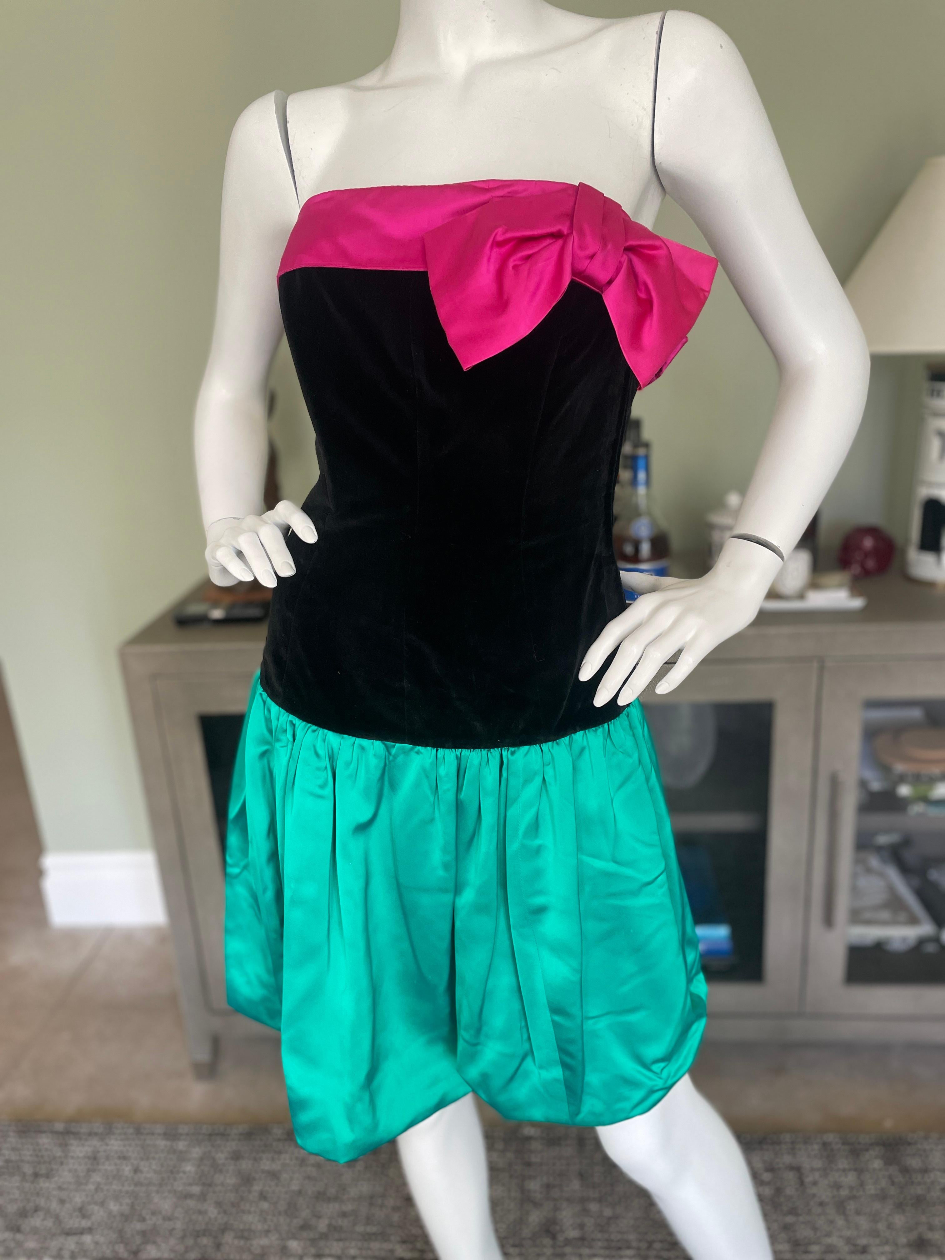 Yves Saint Laurent Rive Gauche 1980's Velvet Colorblock Cocktail Dress with Bow In Excellent Condition For Sale In Cloverdale, CA