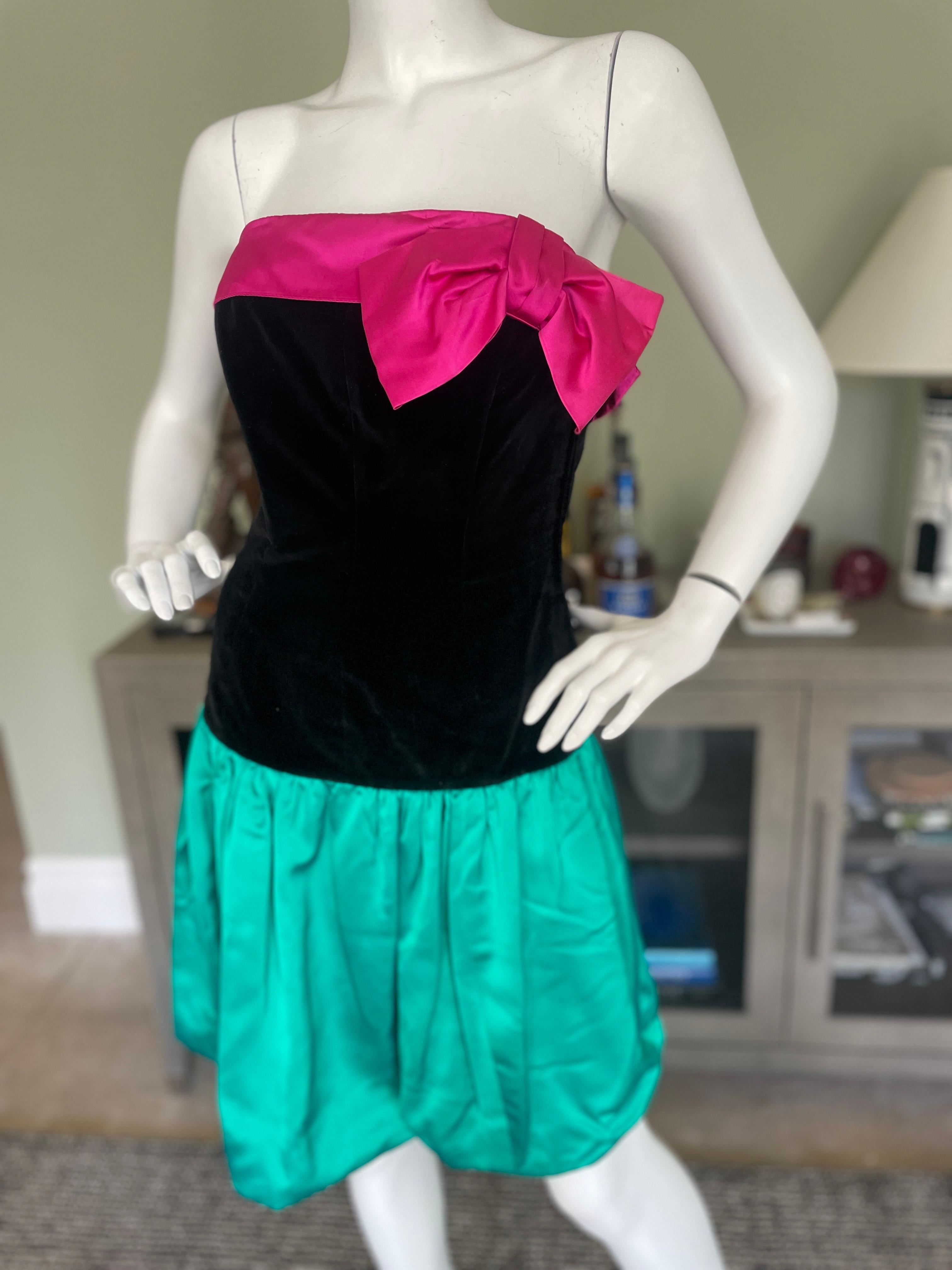 Yves Saint Laurent Rive Gauche 1980's Velvet Colorblock Cocktail Dress with Bow For Sale 1