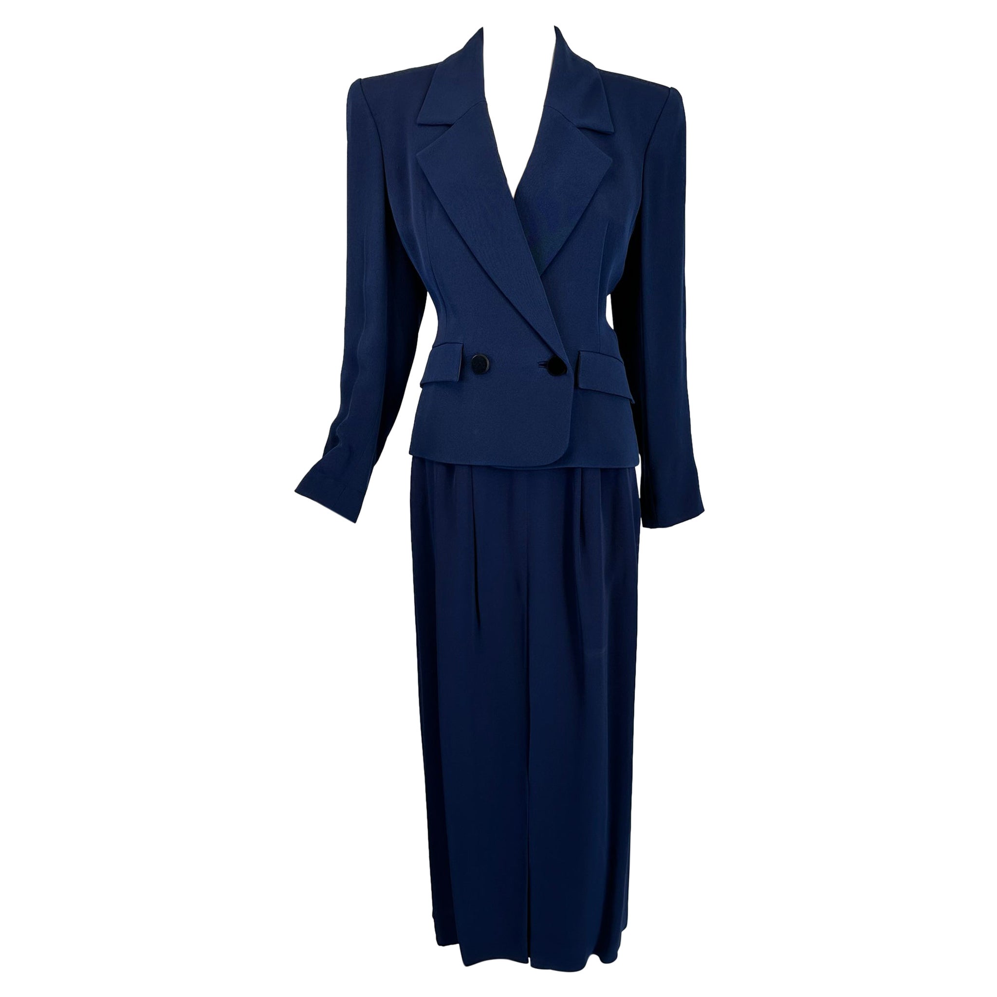 Yves Saint Laurent Rive Gauche 1990 Veste et jupe longue en gabardine bleu marine 42