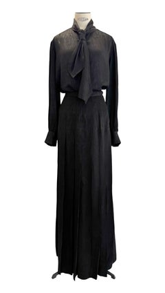 Yves Saint Laurent "Rive Gauche" 70s Black Scarf Blouse & Maxi Skirt Set
