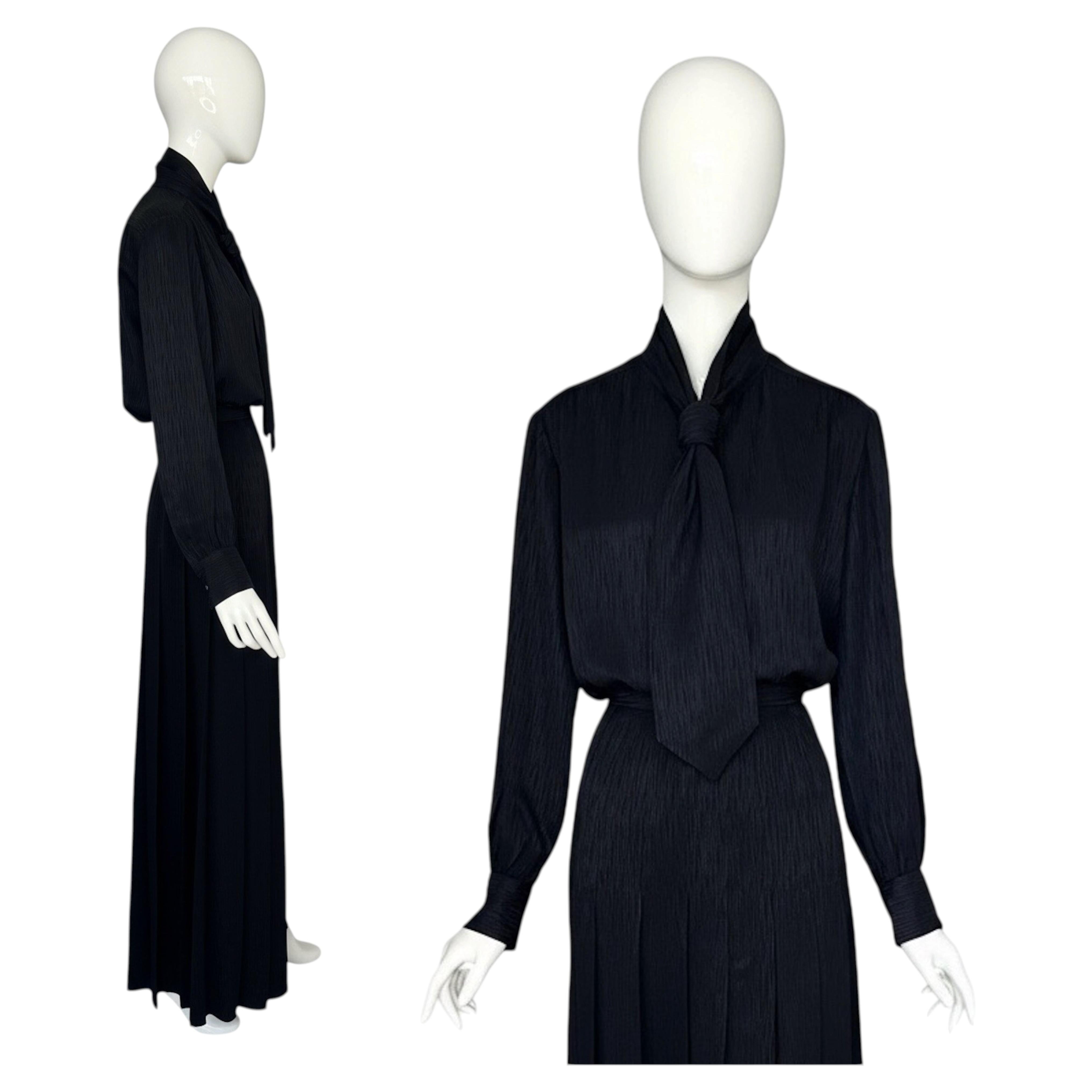 Yves Saint Laurent "Rive Gauche" 70s Black Scarf Blouse & Maxi Skirt Set For Sale